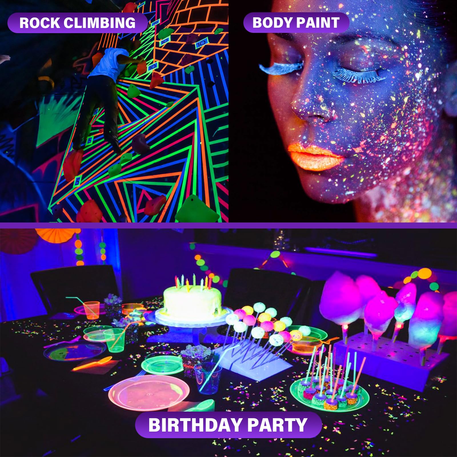 Gprk Rechargeable Black Light, Battery Powered Blacklight, Cordless 395Nm Ultraviolet Flood Light For Neon Glow Party, Aquarium, Body Paint, Fluorescent Poster, Halloween, 2 Packs