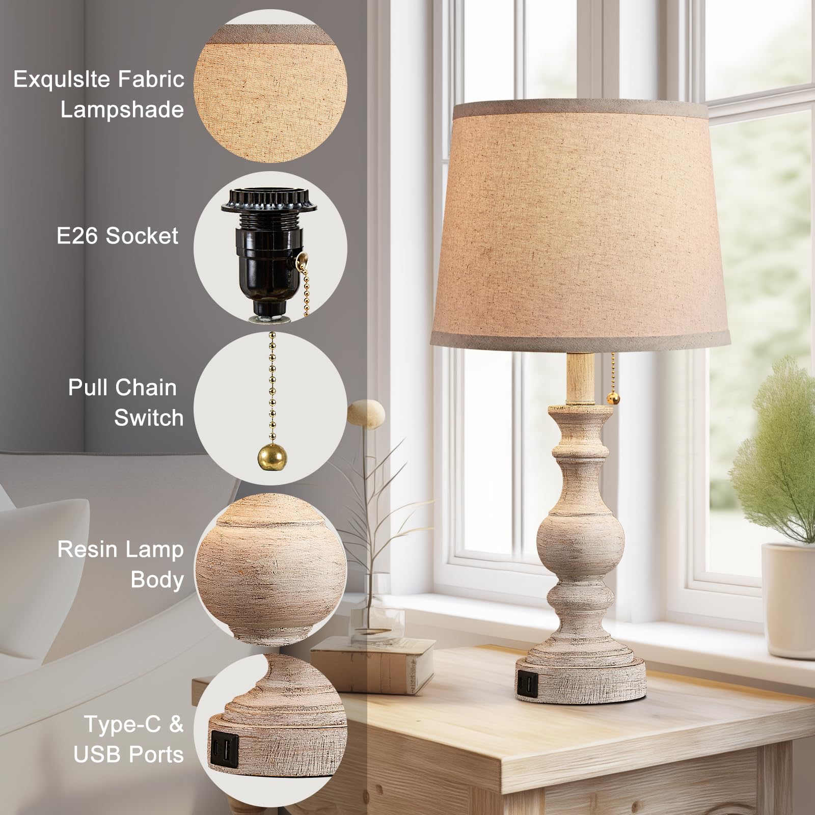 Booucuu Table Lamp For Bedroom Set Of 2 Farmhouse Bedside Lamps For Nightstand With Usb C+A Charging Ports Traditional Table Lam