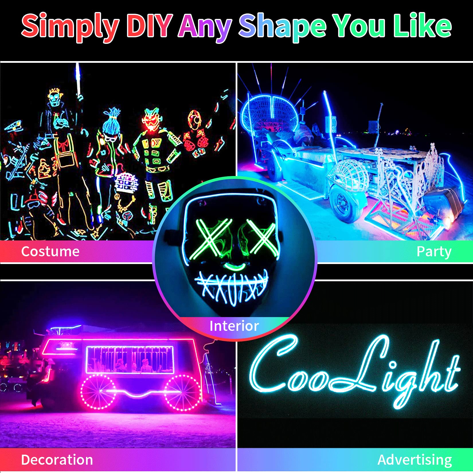 El Wire Neon Wire Neon Light 9.84Ft Diy Neon Glowing Flexible Electroluminescent Wire Light Kit For Parties Halloween Christmas Bike Clothing Decoration (Red Green White Ice Blue Purple 5 Pack)