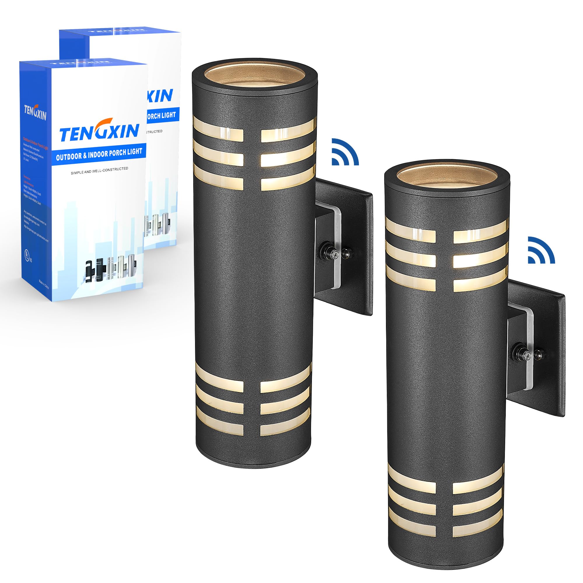 TENGXIN Outdoor Wall Lights, 2-Pack, Dusk to Dawn, Stainless Steel, Black Finish, Model TXWLSS0012B-2G, IP65 Waterproof