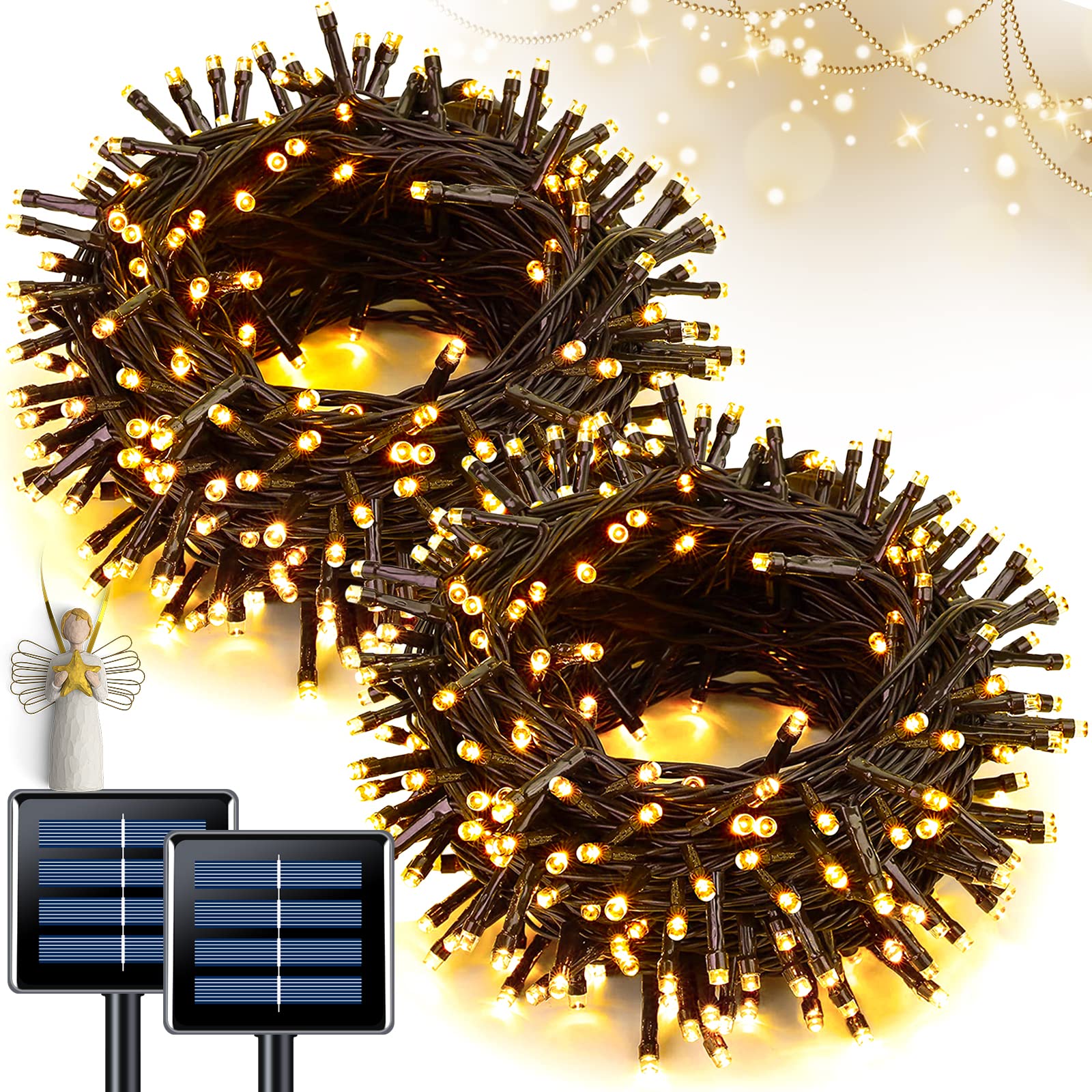JMEXSUSS Solar String Lights, 100 LED, 33ft, Warm White, 2 Pack, Copper, Model EXS-S-0100 for Outdoor Christmas Tree, Yard, Garden,