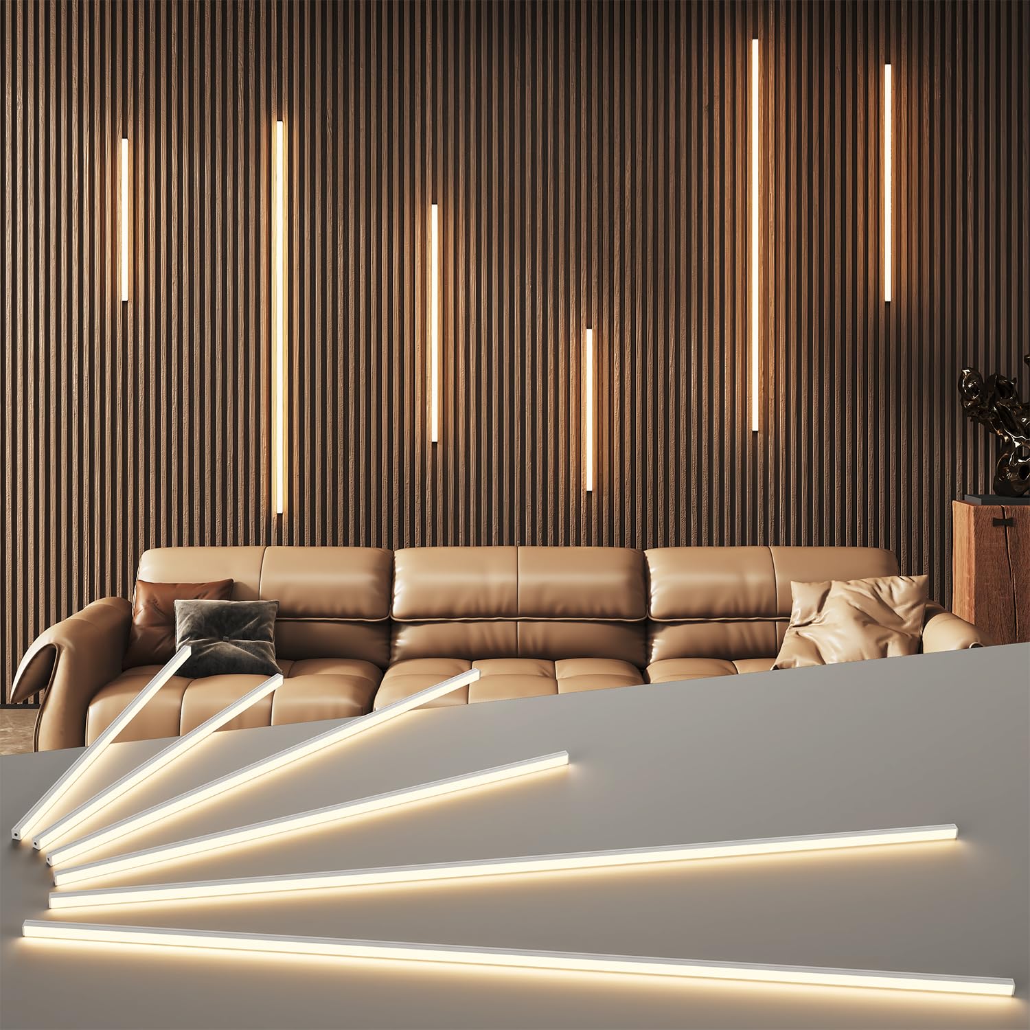 LED Recessed Lighting Kit for Wall Panels - GloryAir 6pcs Adhesive Wall Band Lights for Interior Wall Decor  3000K Touchable Switch Lamp for Wood Slat  Wall Accent Acoustic Panels  Kitchen Home stair