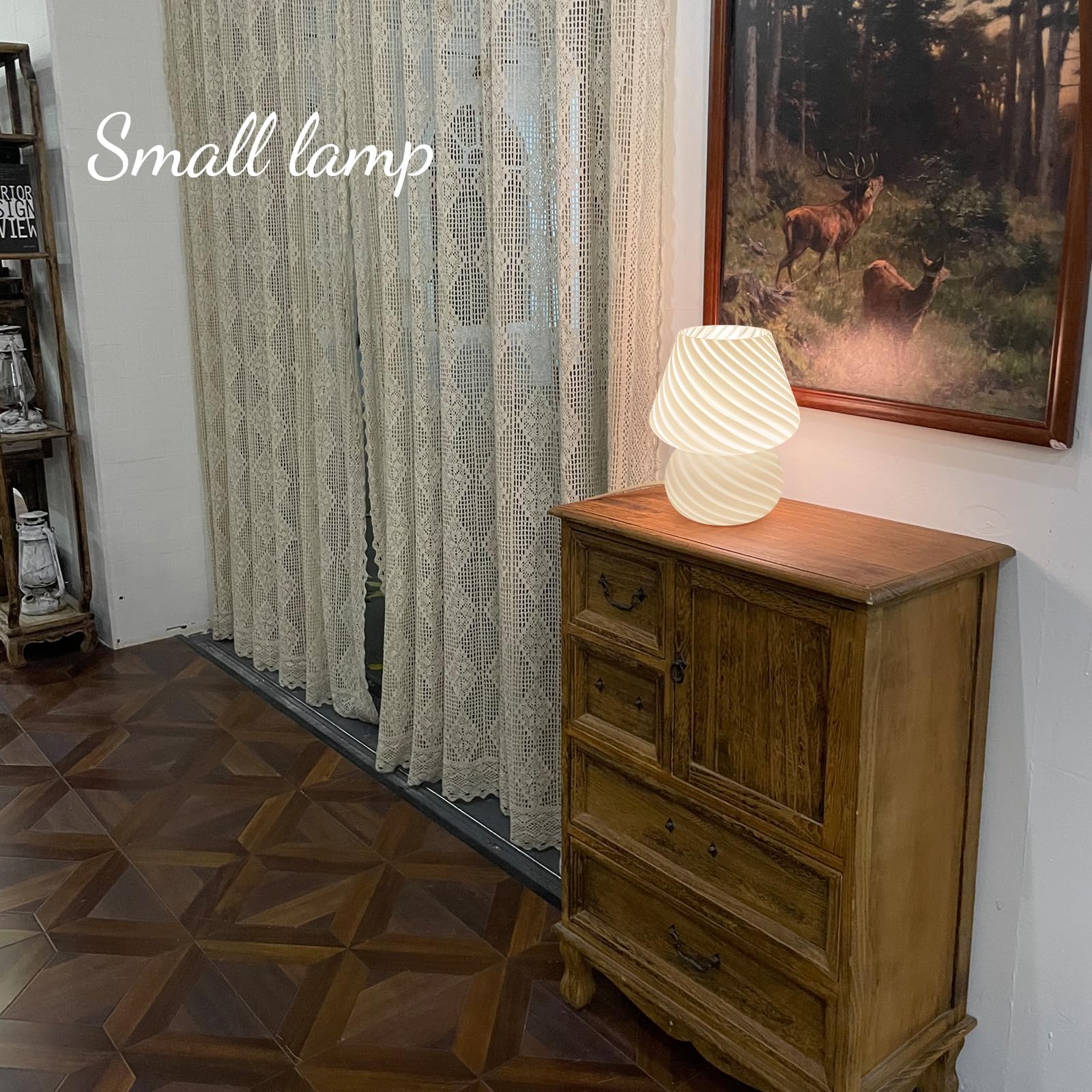 Onewish Mushroom Lamp-Small Bedside Table Lamp With Striped Glass, Nightstand Lamp For Bedroom, Living Room, 3000K E26 Bulb Incl
