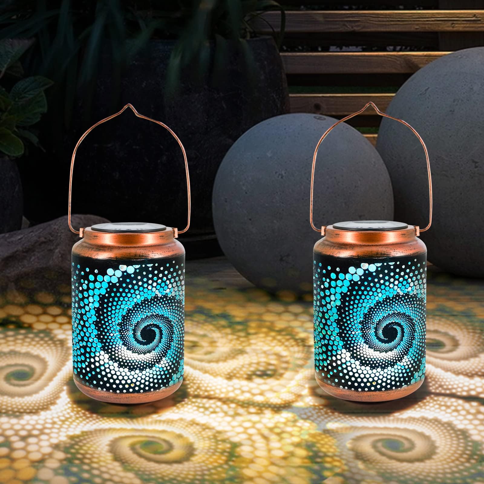 Yisiteone 2-Pack Mosaic Bohemian Outdoor Solar Lanterns, Waterproof Blue Table Lights, Turkish Moroccan Decorations For Garden P