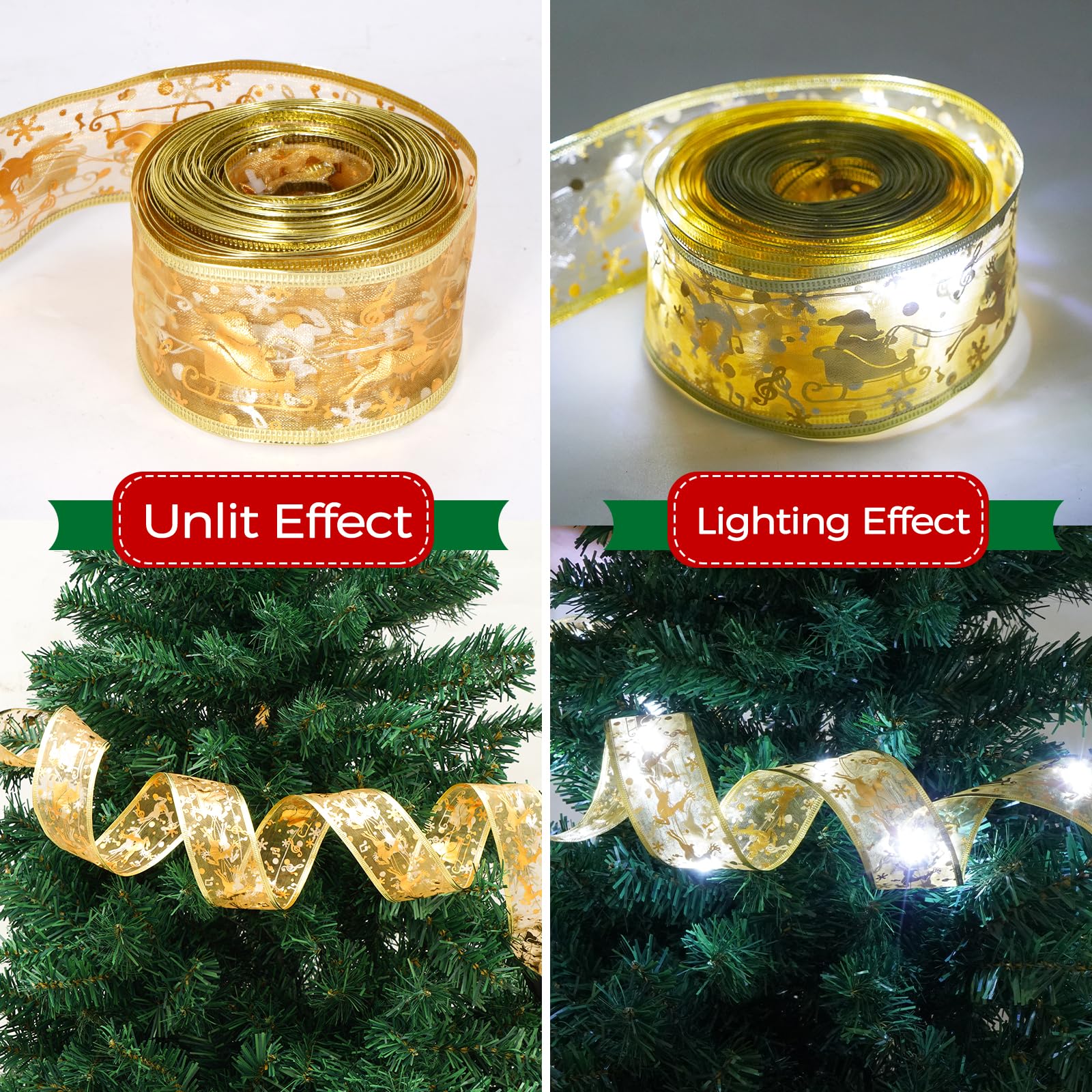 Kproe Christmas Tree Decorations, 64Ft 200 Led Christmas Tree Copper Wire Ribbon Bows Lights With 8 Lighting Modes, Battery Oper