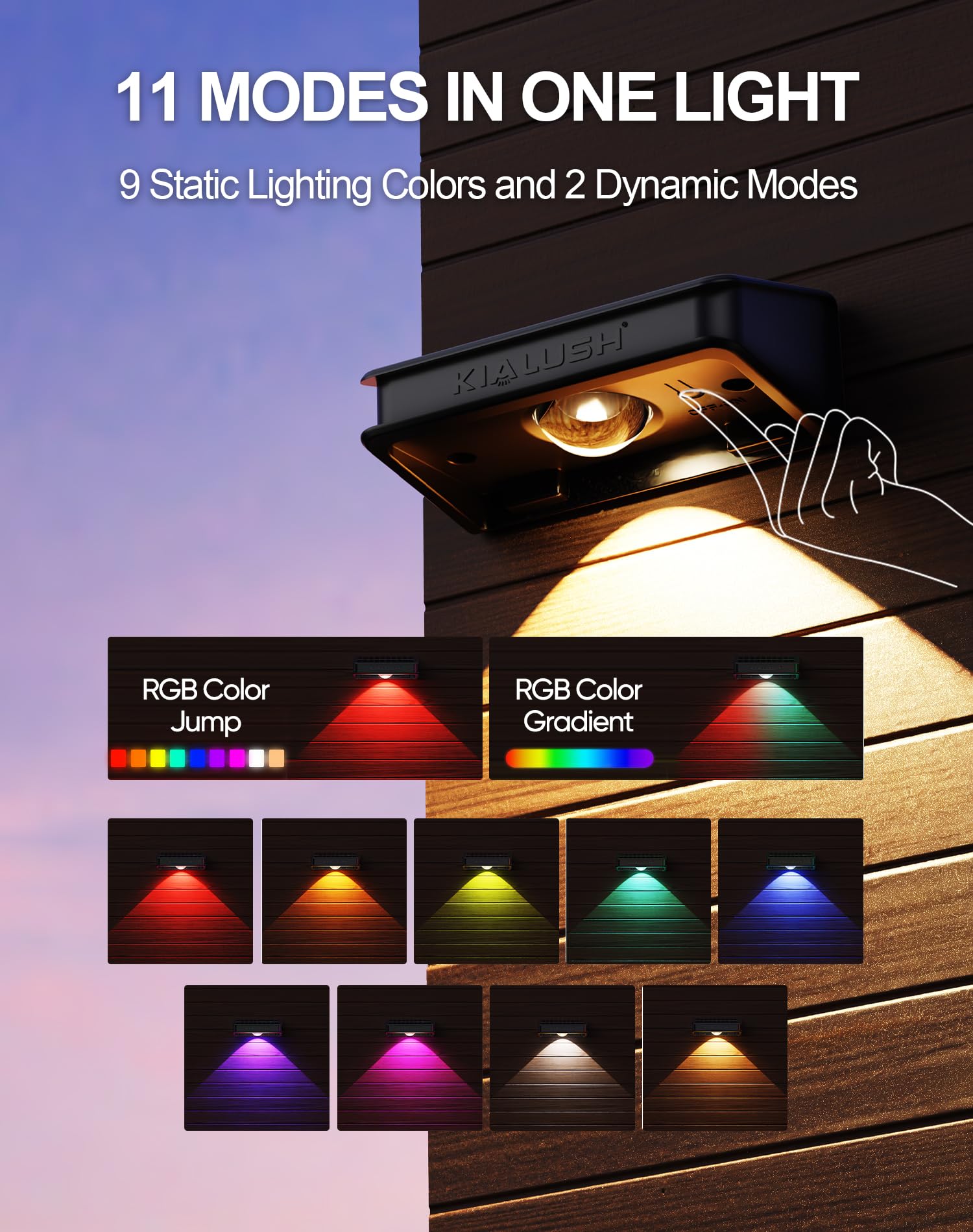 KIALUSH Solar Fence Lights - 10 Pack, 3 Modes, 9 Colors, Waterproof IP65, 35lm, Black, Model KF04H