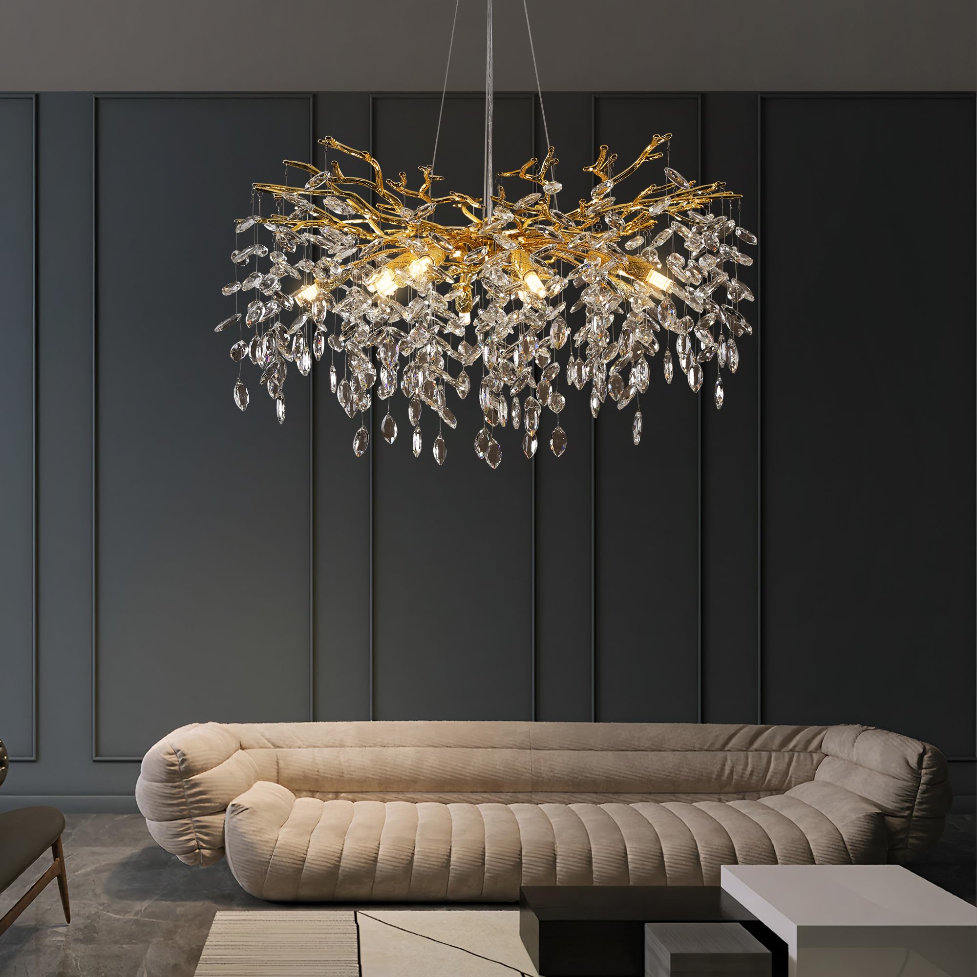 Puvaue Crystal Tree Branches Chandeliers Luxury Round Gold Hanging Pendant Light 10 Lights For Dining Room Bedroom Living Room E