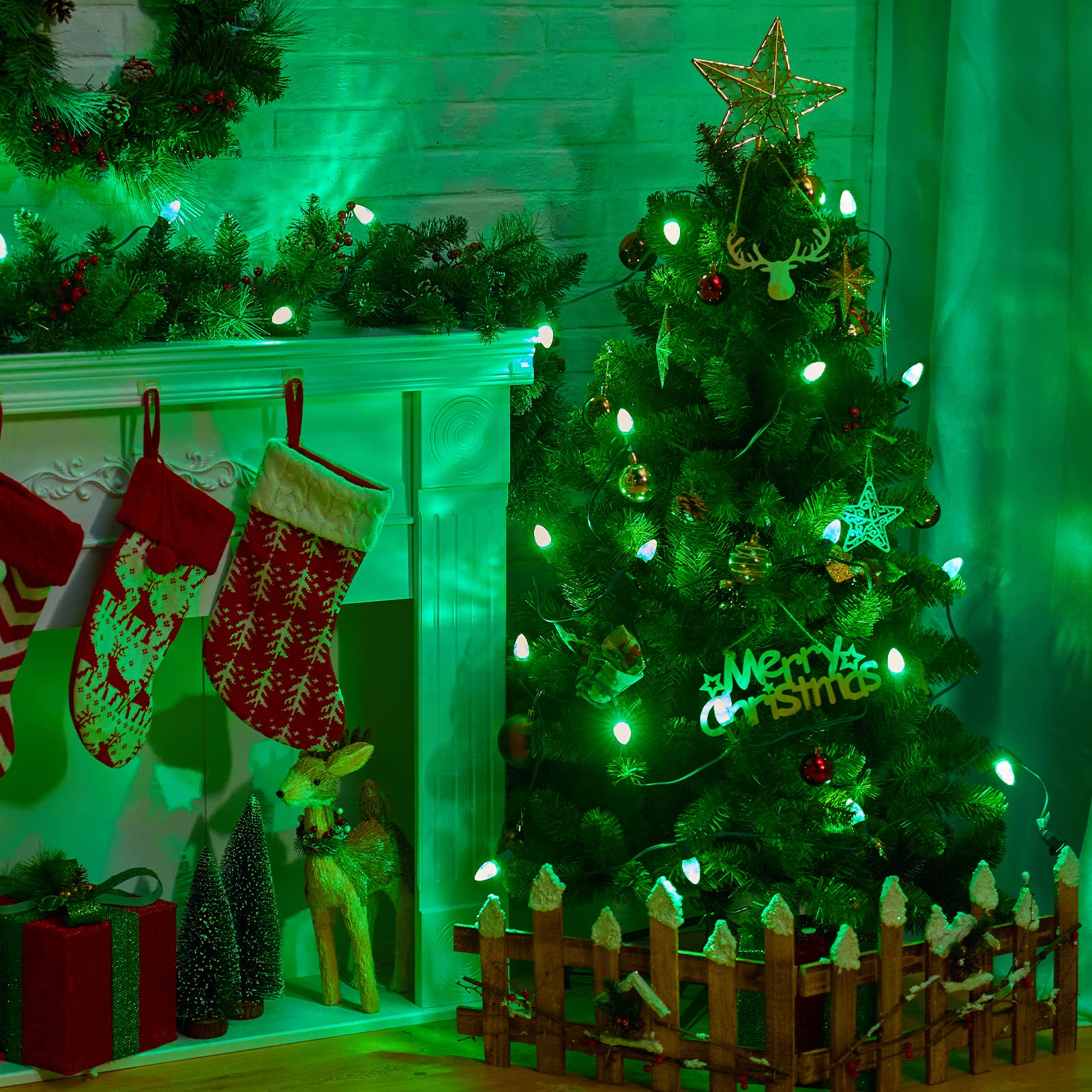 Green C7 Led Christmas String Lights, 25Ft Shatterproof Christmas Lights With 25+1 Bulbs, Outdoor String Lights For Christmas Tr