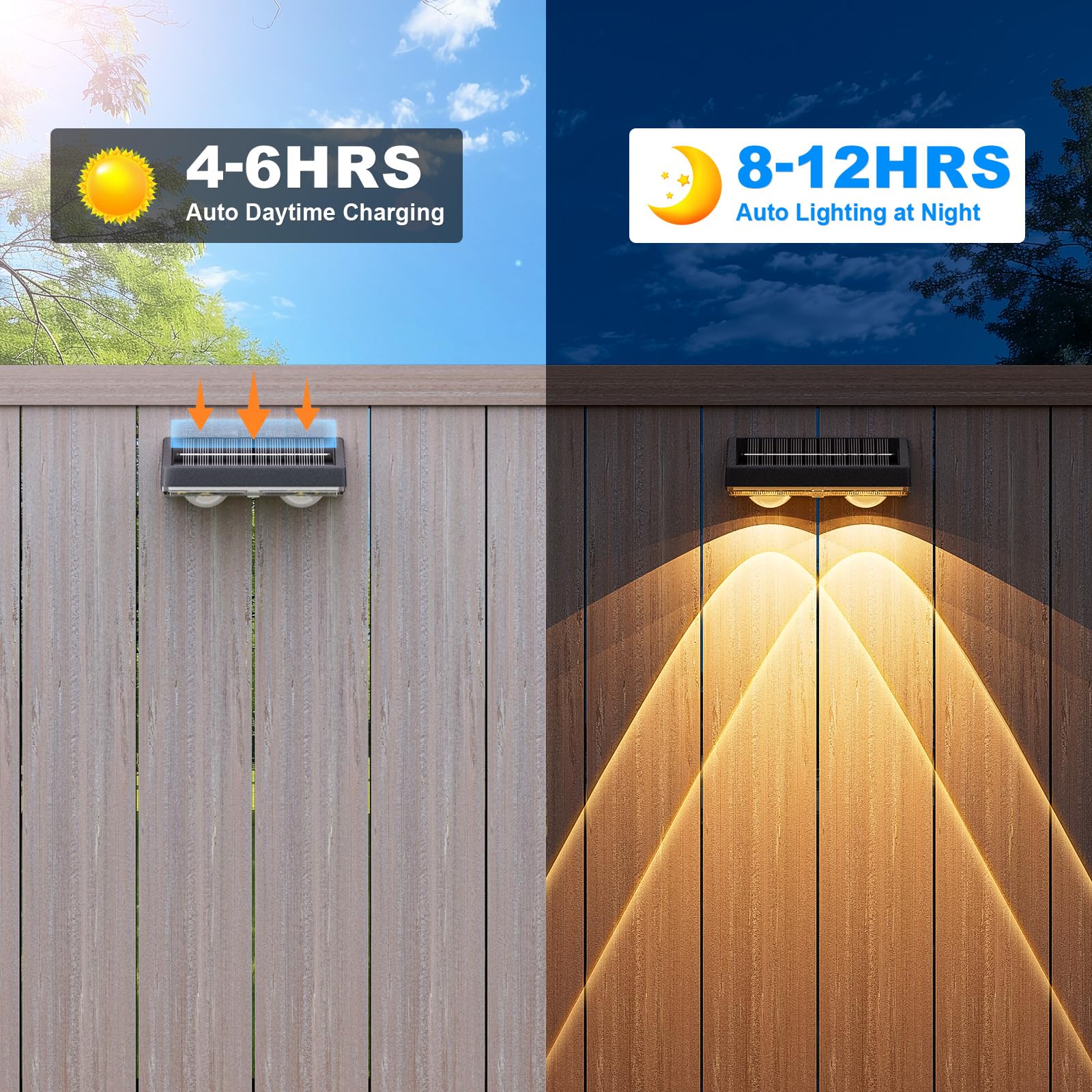 NIORSUN Solar Fence Lights - 8 Pack LED Outdoor Wall Lights, Waterproof IP45, Matte Black, Model LH-M017