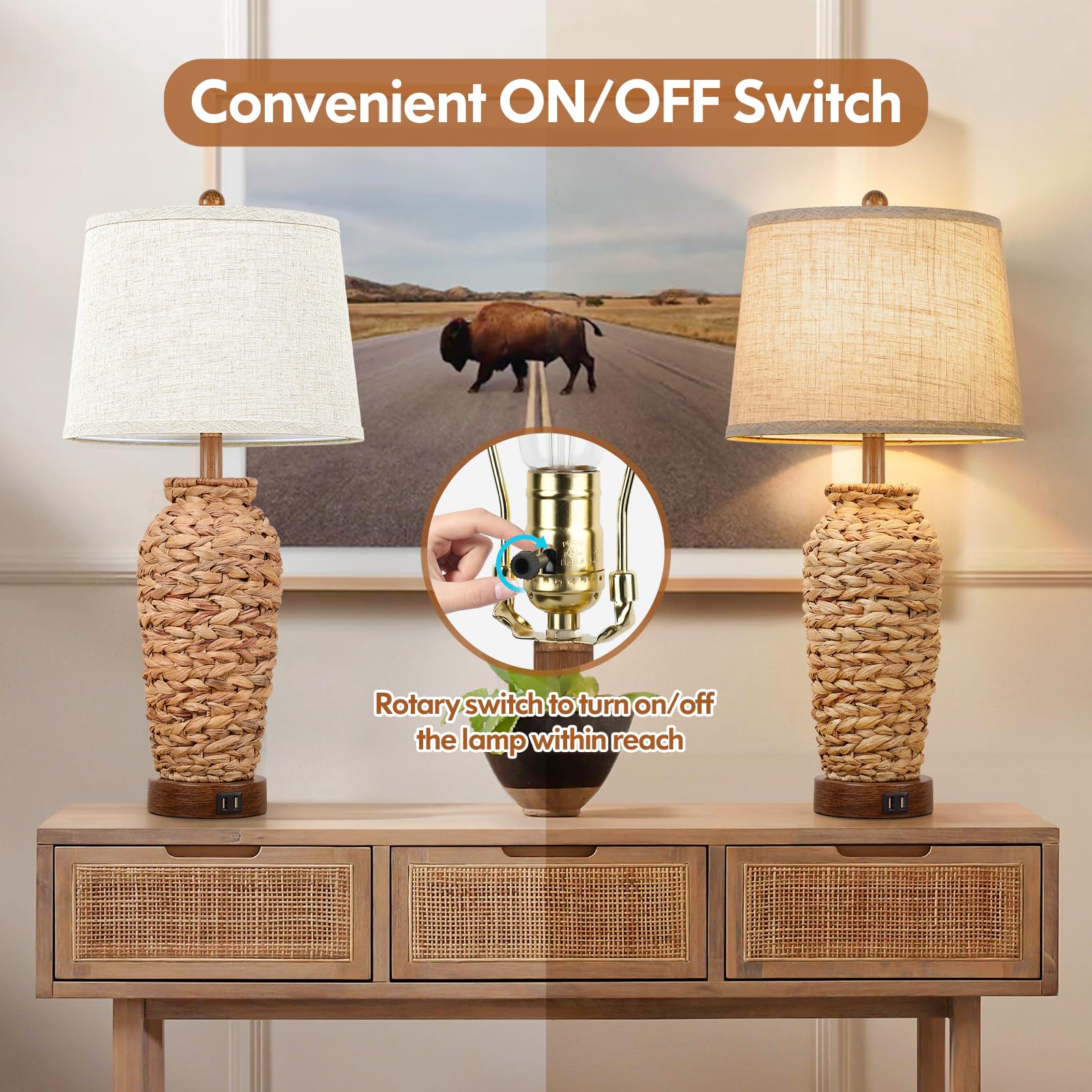 Set Of 2 Rattan Table Lamps, 27In Tall Boho Table Lamps With 2 Usb Charging Ports, Farmhouse Rustic Woven Seagrass Bedside Lamps