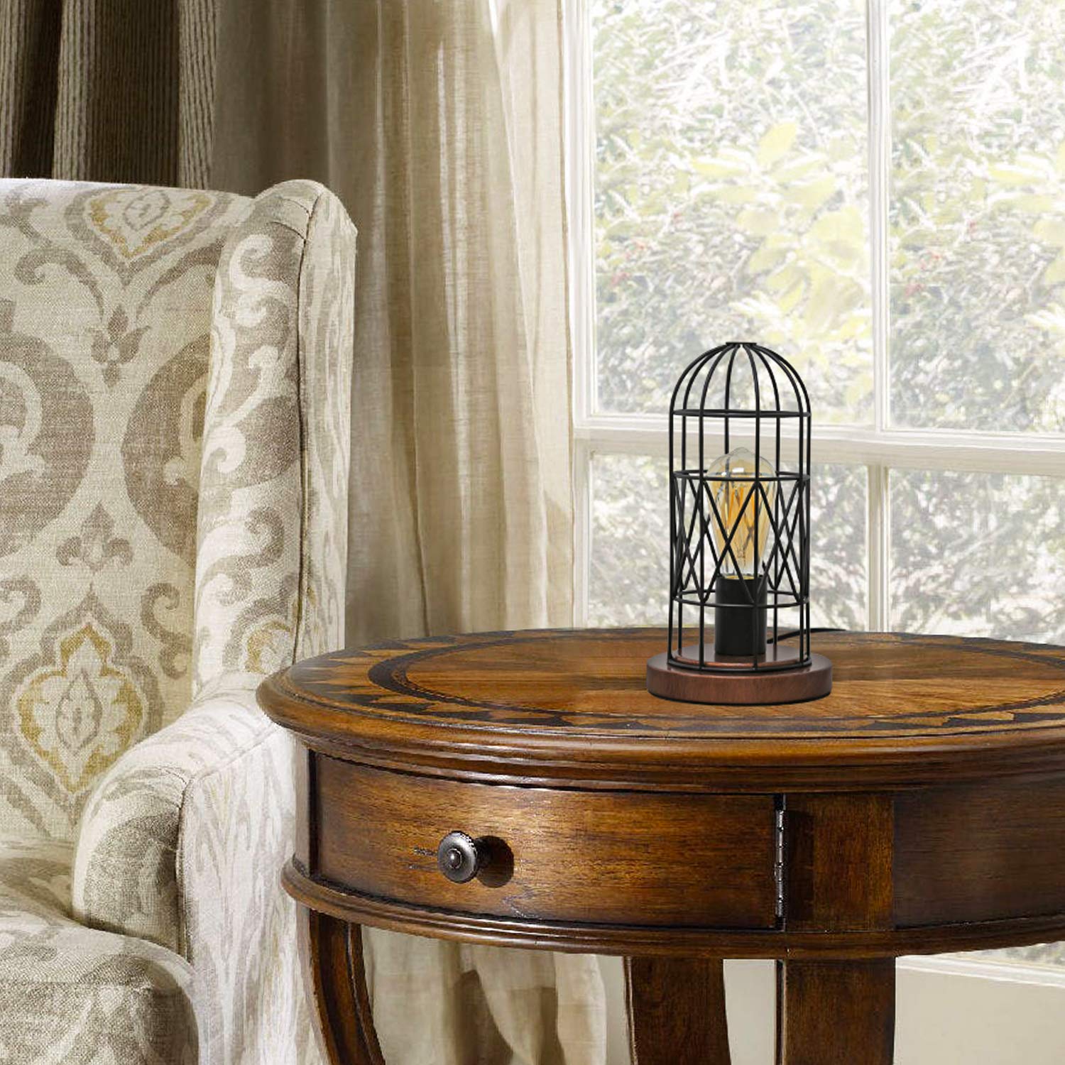 Seaside Village Touch Control Table Lamp - Vintage Metal Cage, 3-Way Dimmable, Bronze Base, Edison Bulb Included for Bedroom or Hallway