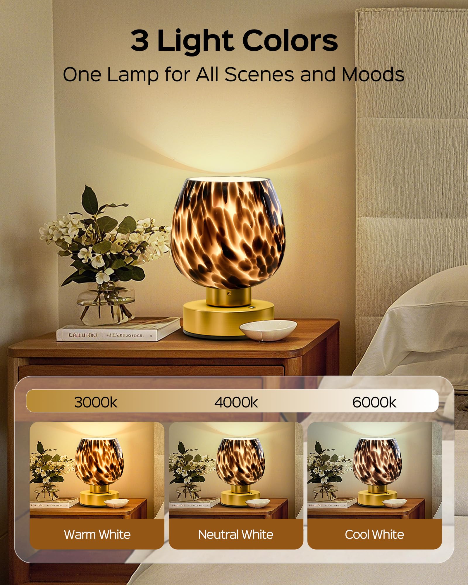 JACKYLED Cordless Touch Lamp - 3 Color Modes, Dimmable, Rechargeable, Metal, Brown, Model JKTL15-7003401AUS, Ideal for Small Spaces