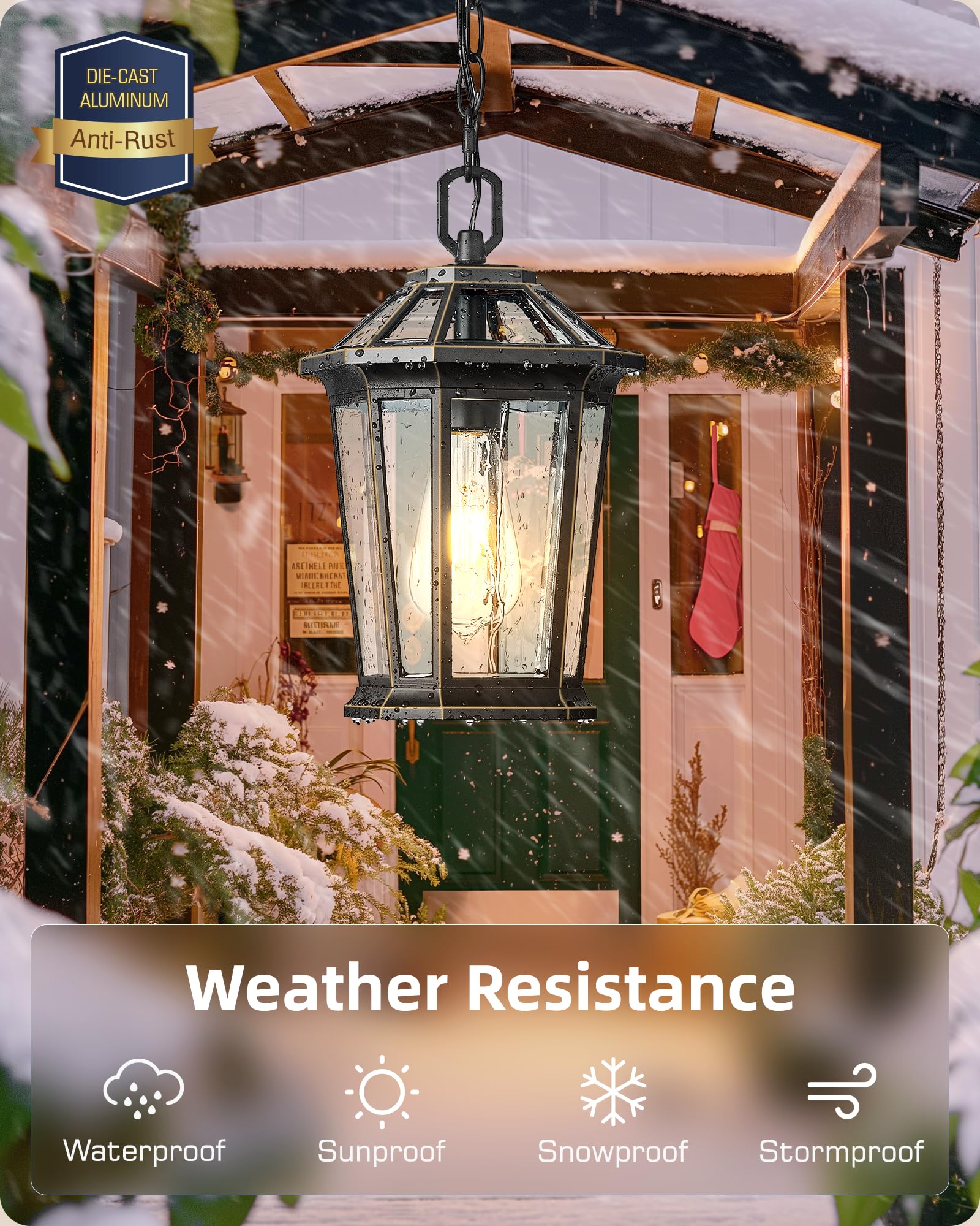 VIANIS Outdoor Pendant Light Fixture, Black Gold Aluminum, Waterproof, Tempered Glass, Model V83091