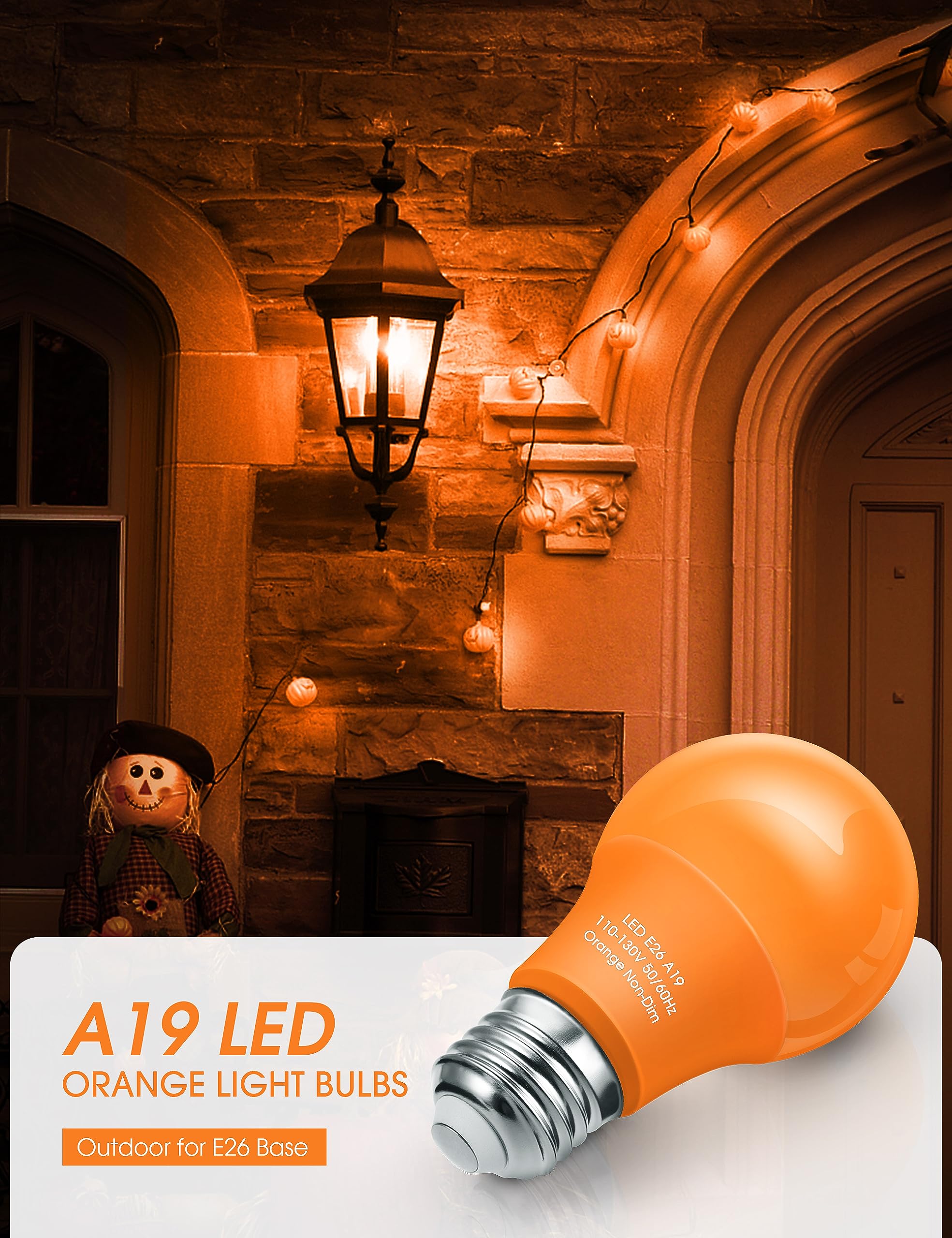 Orange Light Bulbs [ 4 Pack ] A19 Halloween Light Bulbs LED Orange Bulb Outdoor 9W (60 Watt Equivalent) - E26 Colored Light Bulb