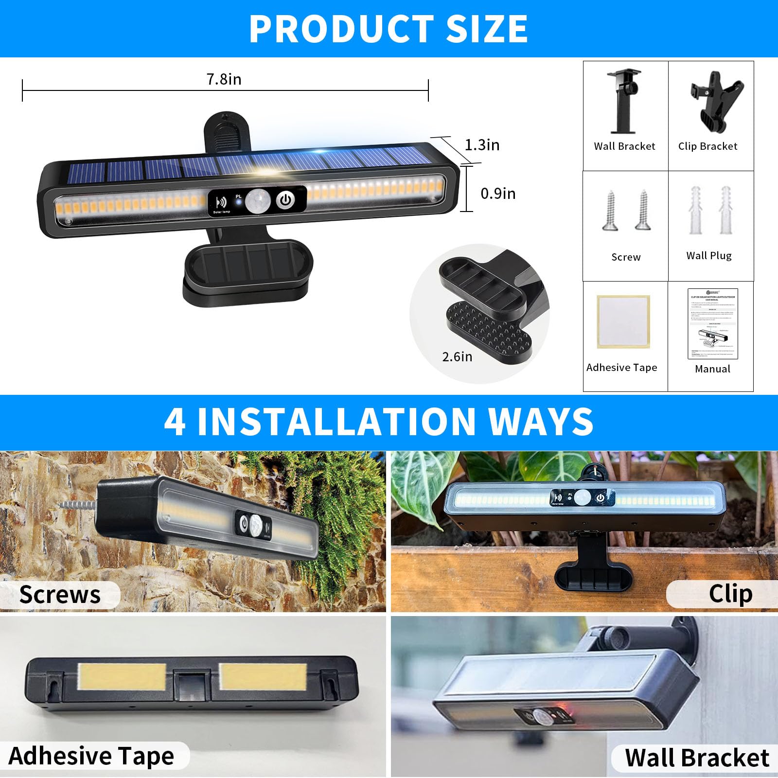 sunlight encounter Clip On Solar Motion Lights, 36 LEDs, 3000K Warm White, 2 Pack, Black, Model SE-SL012WHW2, Waterproof, Portable