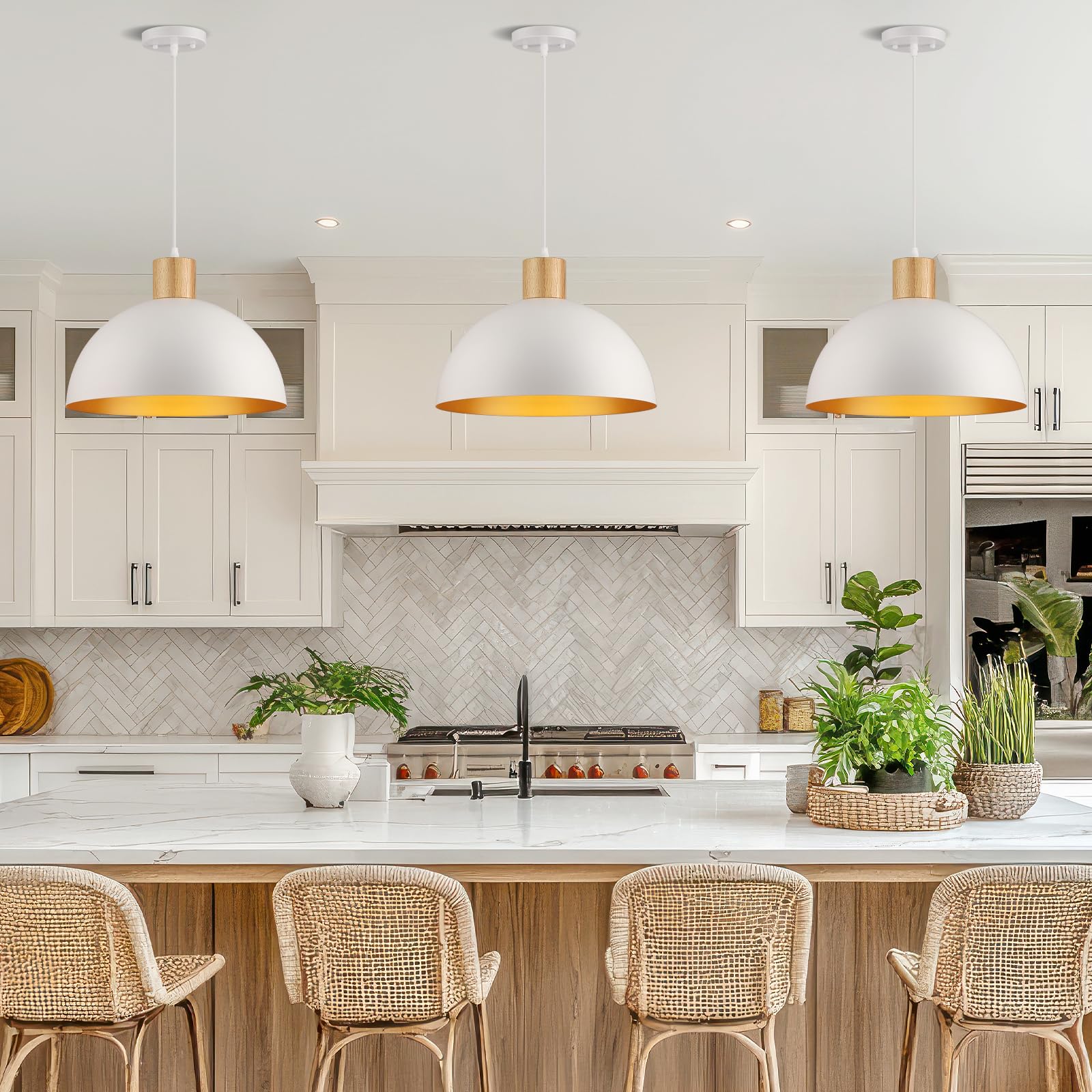 Qianzhan White Pendant Light, 16'' Wood Dome Pendant Lights Fixtures Adjustable Large Modern Hanging Lighting, For Kitchen Islan