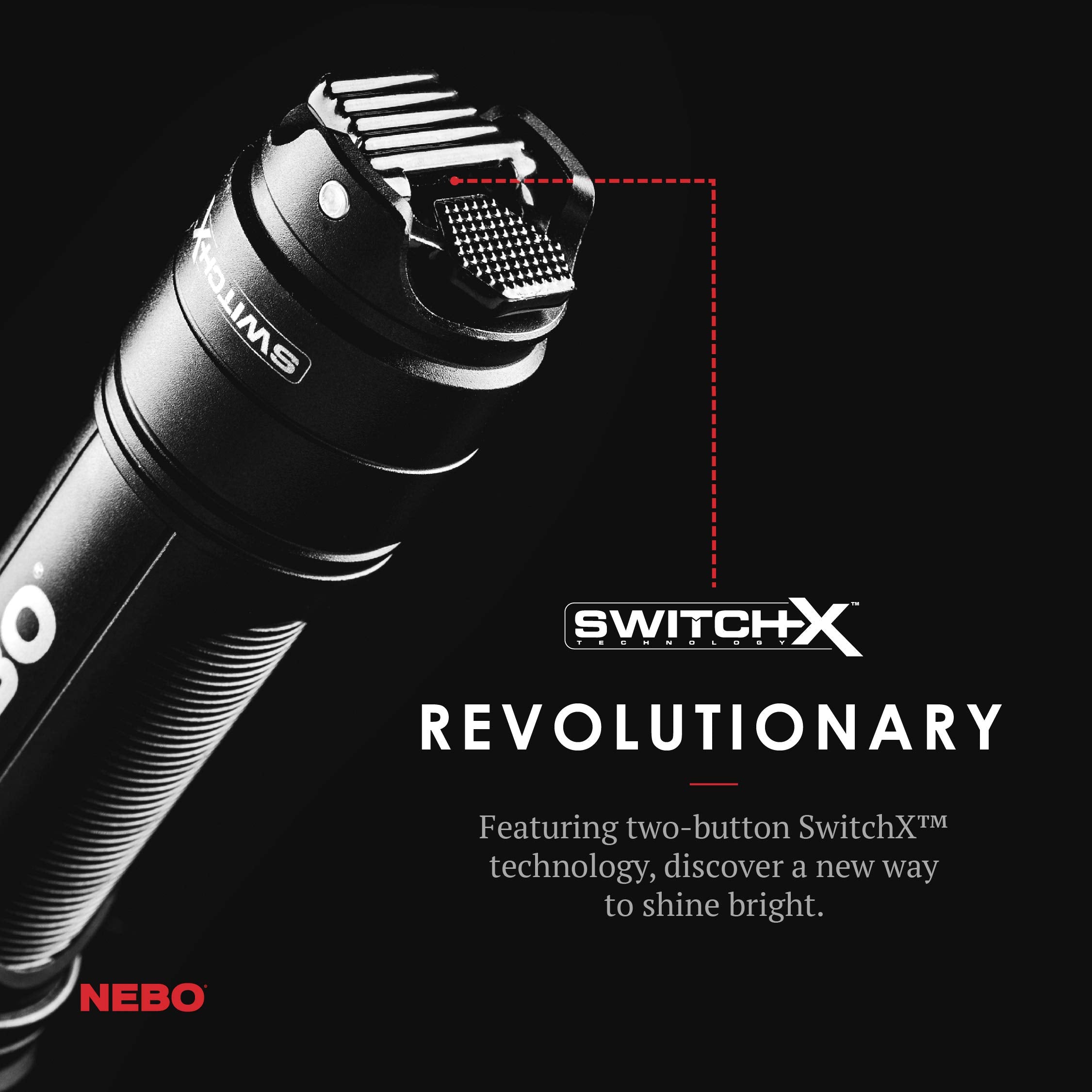NEBO Redline-X Rechargeable Waterproof Flashlight: 1800 lumen, 4x zoom, Switch-X technology; patented paddle switching mechanism