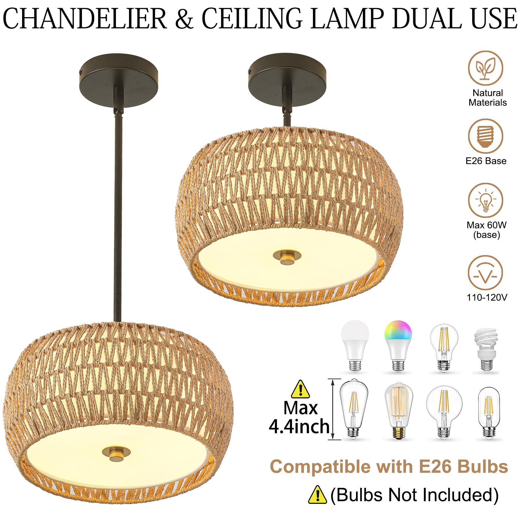 Giutna Rattan Farmhouse Chandelier Light Fixtures, 3-Light Rattan Pendant Light, Boho Ceiling Light Fixture Flush Mount,Woven Ch
