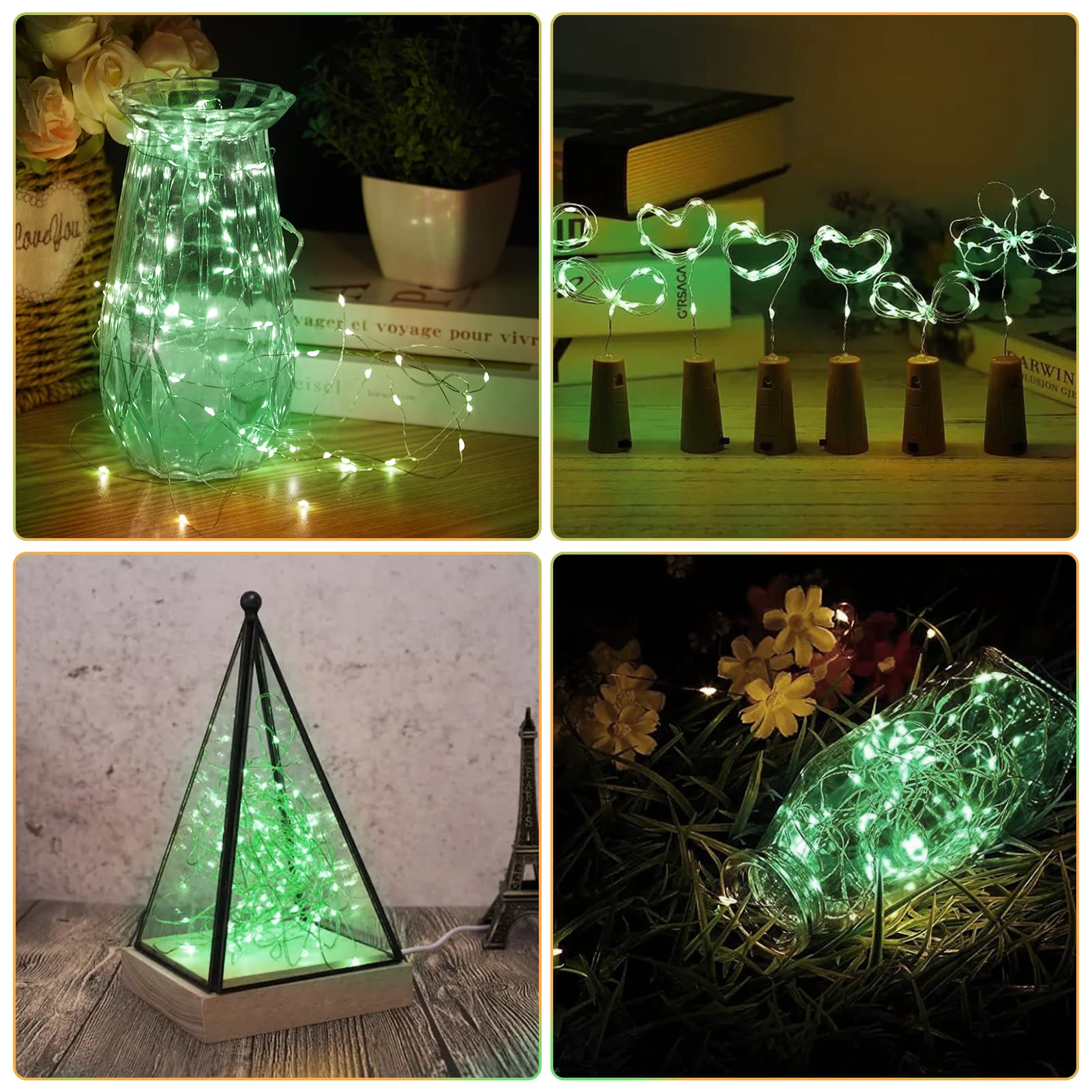 Bexdir 12 Pack Fairy Lights - 7Ft Waterproof Silver Wire String Lights, Battery Operated, Green Copper Mini Lights For Home Decor