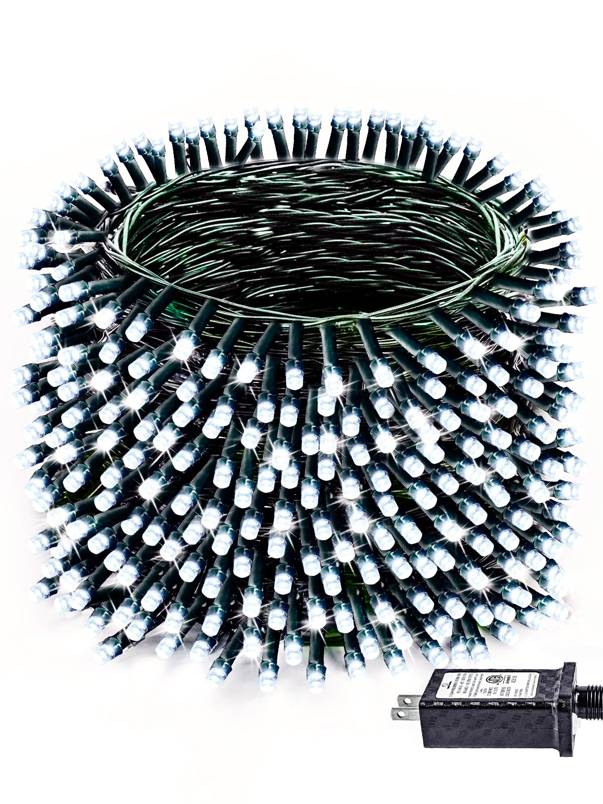 YIQU 1000 LED String Lights, 330 FT Green Wire, Waterproof, 8 Modes, Cool White, Model GP-SW290DC0310-IP44