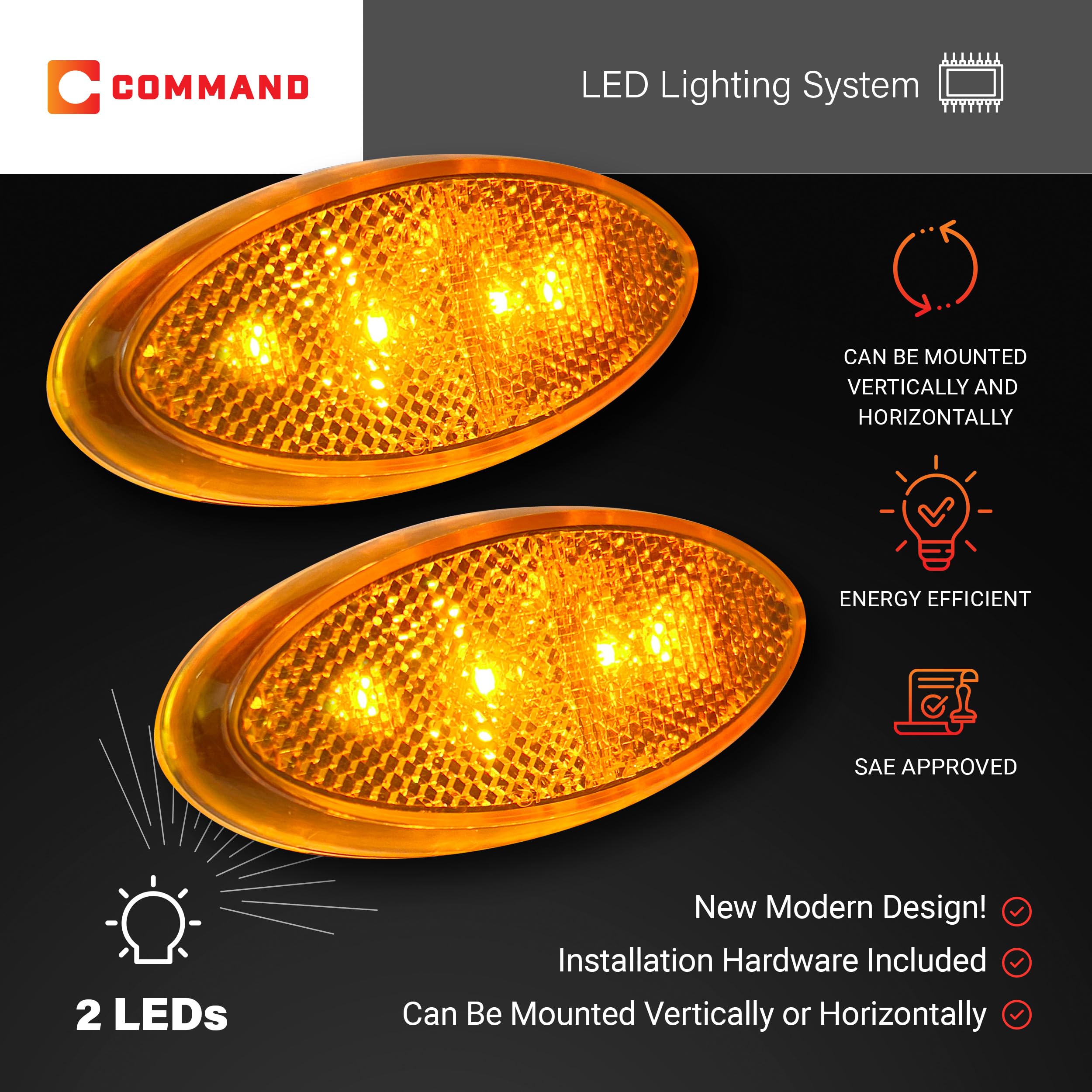 Command Electronics 12V LED RV & Trailer Clearance Light - Amber - Surface Mount - 2 Pack - Polycarbonate - Made in USA