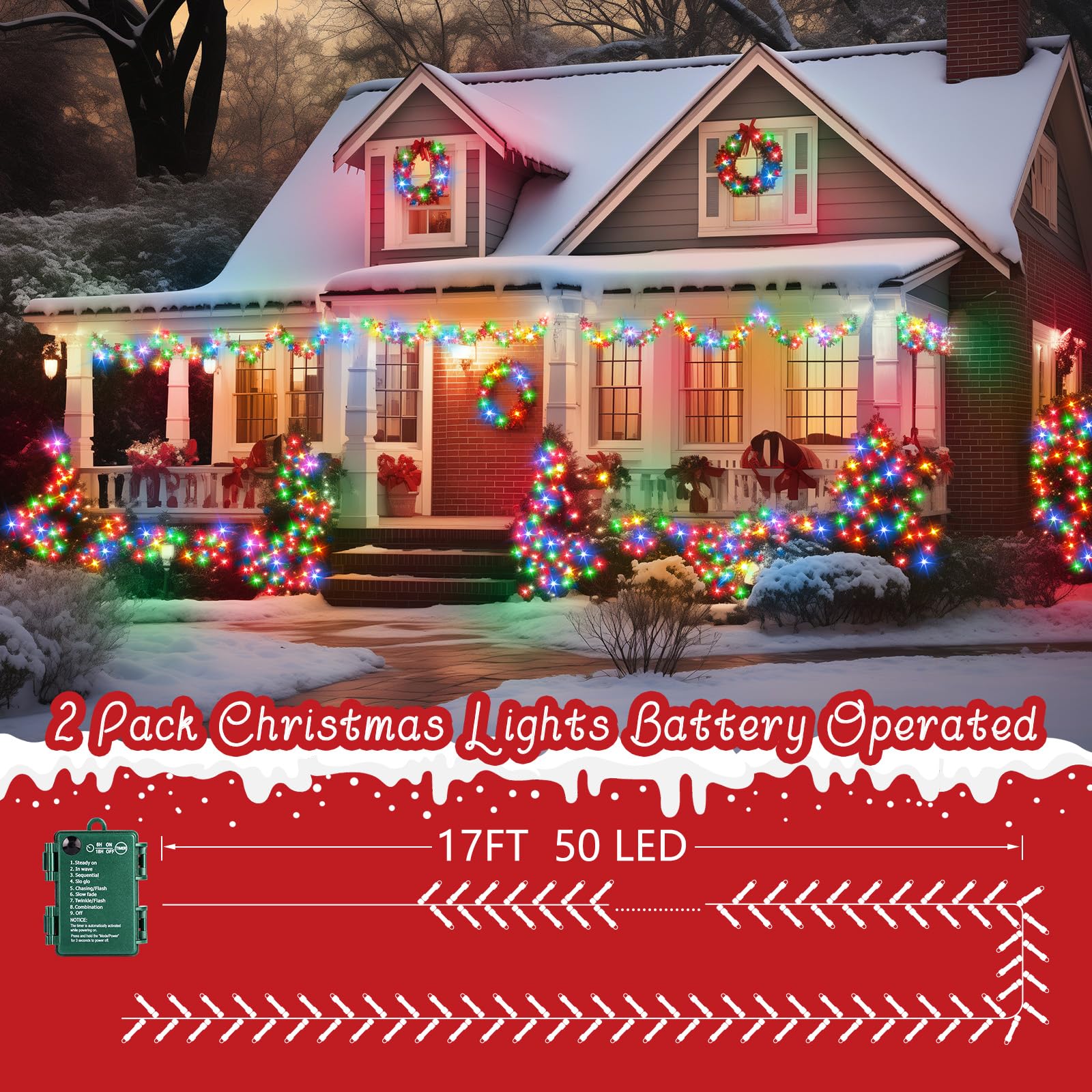 Brightown Outdoor Battery Operated Christmas Lights, 2 Pack 33FT 100 LED, Multicolor, Waterproof, with Timer, 8 Modes