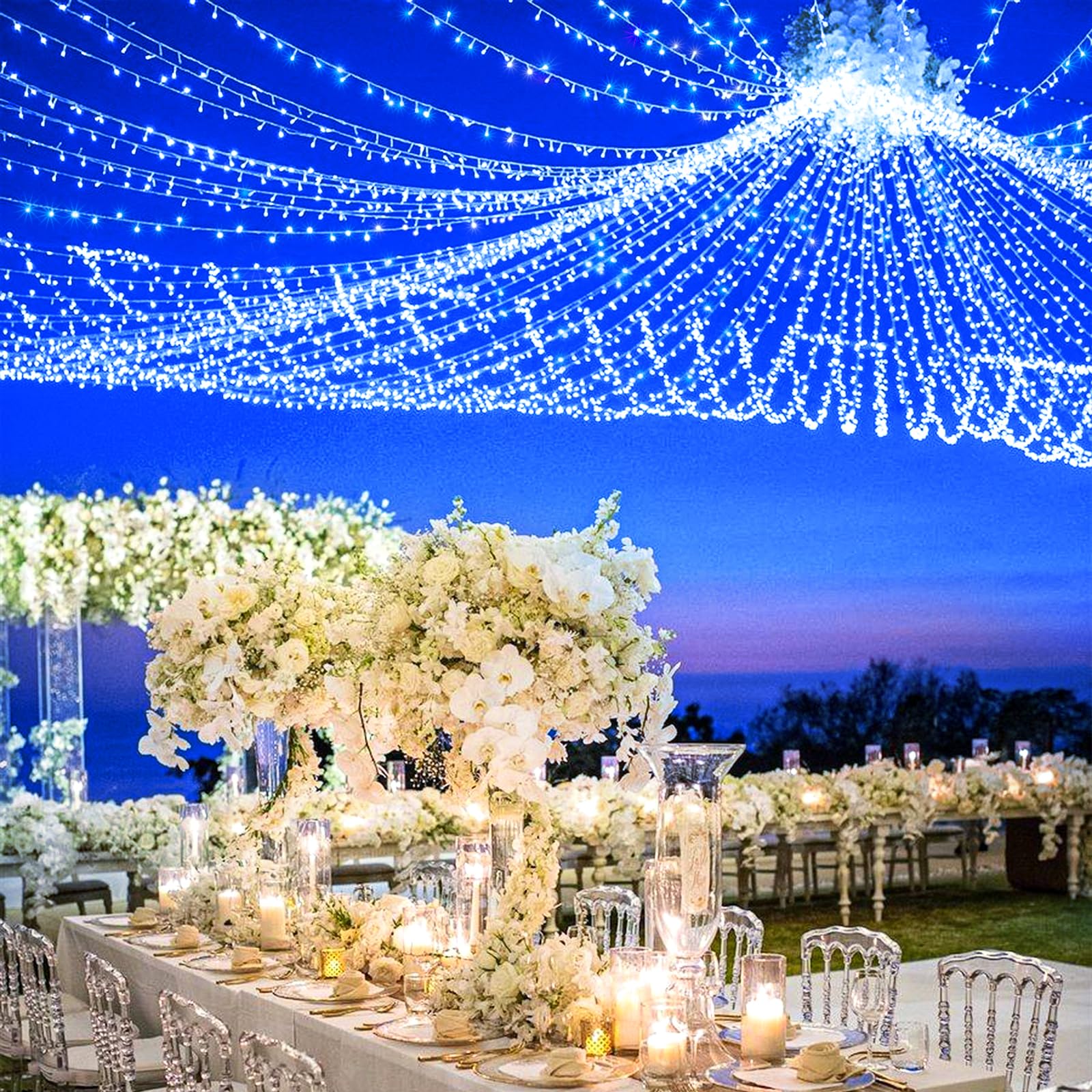 Einiiya 120 Led Blue Christmas Lights Outdoor, 40Ft Clear Wire Christmas Tree Lights 8 Modes, Plug In Waterproof Fairy String Li