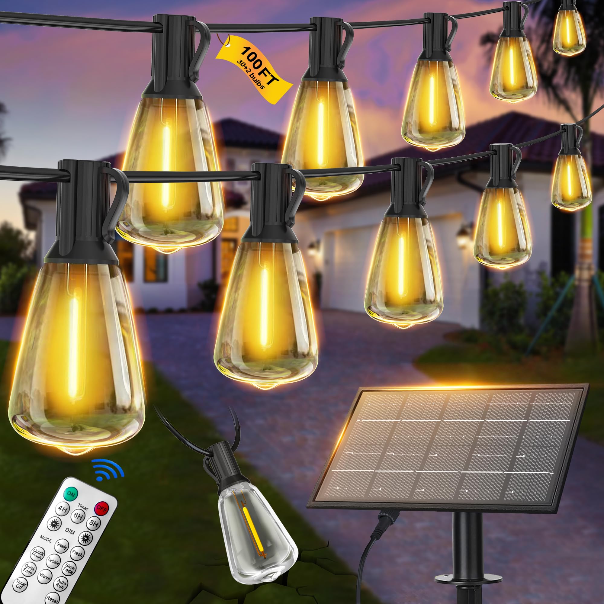 BLIATLUS 100FT Solar String Lights Outdoor Waterproof with Remote Control Solar Patio Lights 30+2 shatterproof LED ST38 Bulbs fo