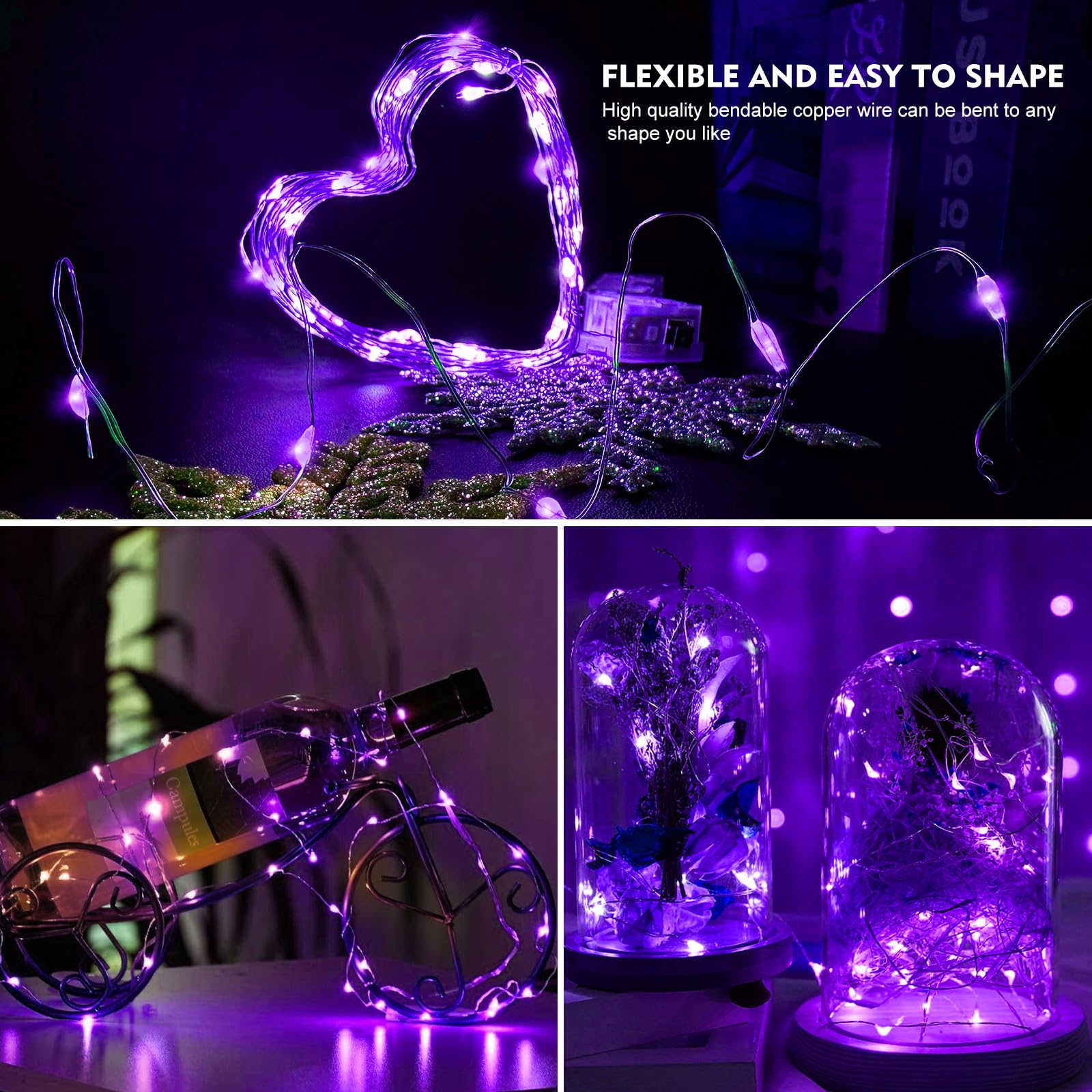 AIKEI LED Fairy Lights, 12 Pack, Battery Operated, Waterproof, 7ft, 20 LEDs, Purple, Model A01-Mini, Ideal for Decoration