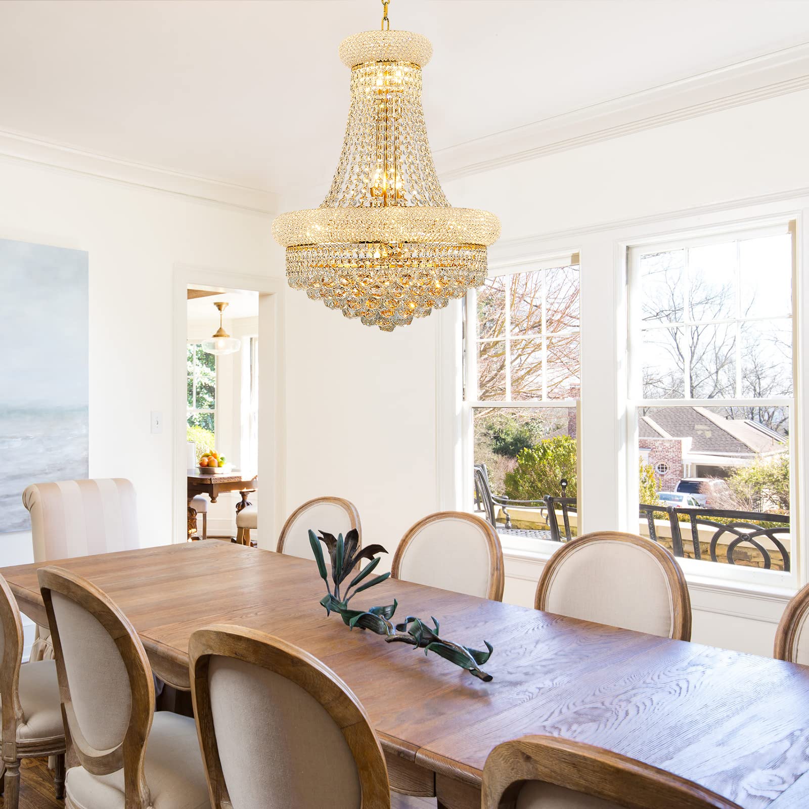 Homeooze 12-Light Empire Crystal Chandelier, Gold Finish, 27"H x 22"W x 22"D, Metal, Ideal for Foyer, Living Room, Dining Room, Bedroom