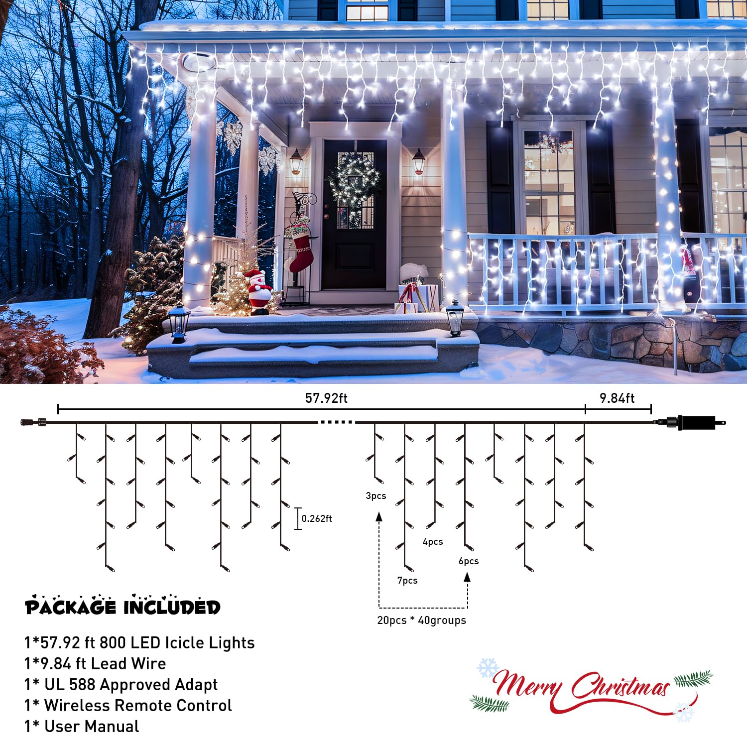 Jmexsuss Christmas Icicle Lights For Outside: 800 Led White Icicle Lights Outdoor Waterproof - White Christmas String Lights For