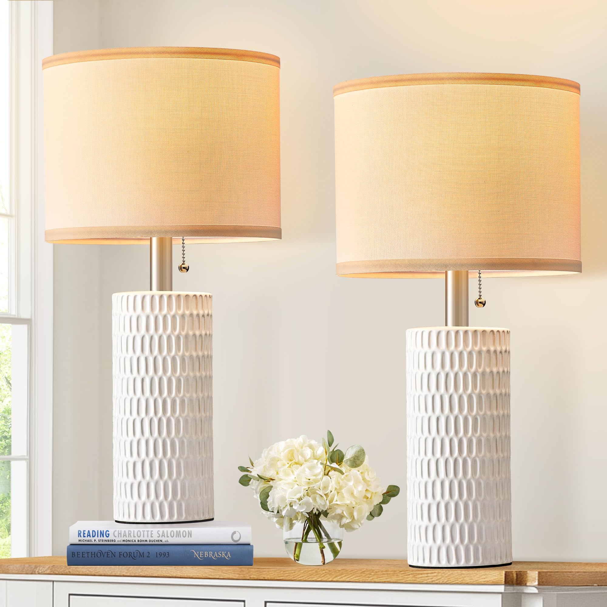 Reaketon Table Lamps for Living Room Set of 2, White Lamps for Bedroom, 20'' Modern Lamps for Night Stands,Pull Chain