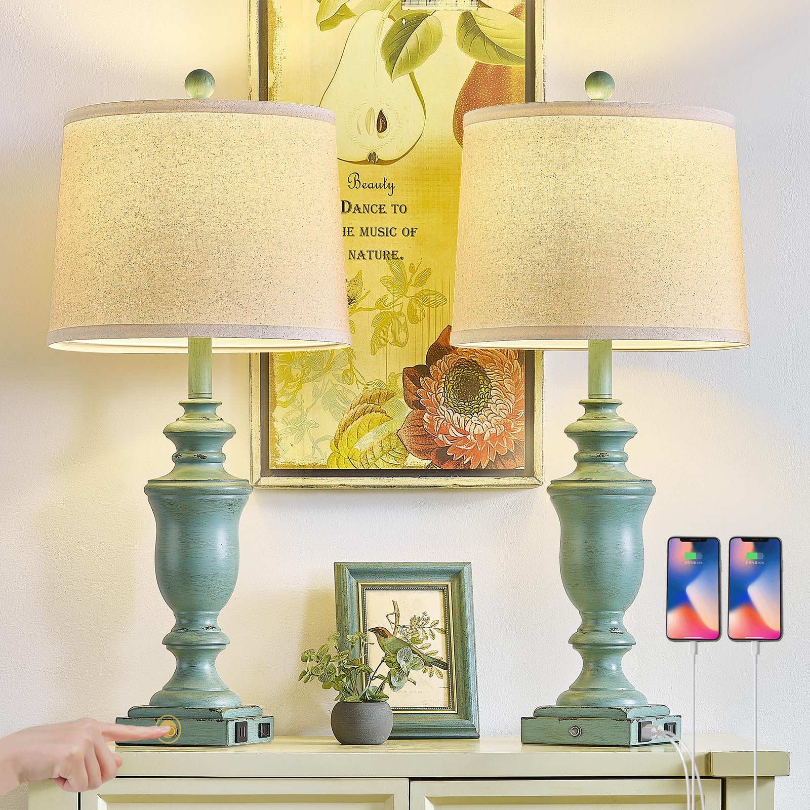 SAIWEYA 27.5in Farmhouse Table Lamps Set of 2, 3 Way Dimmable, Resin, Antique Green, with 2 USB + AC Outlet, Model TM-T