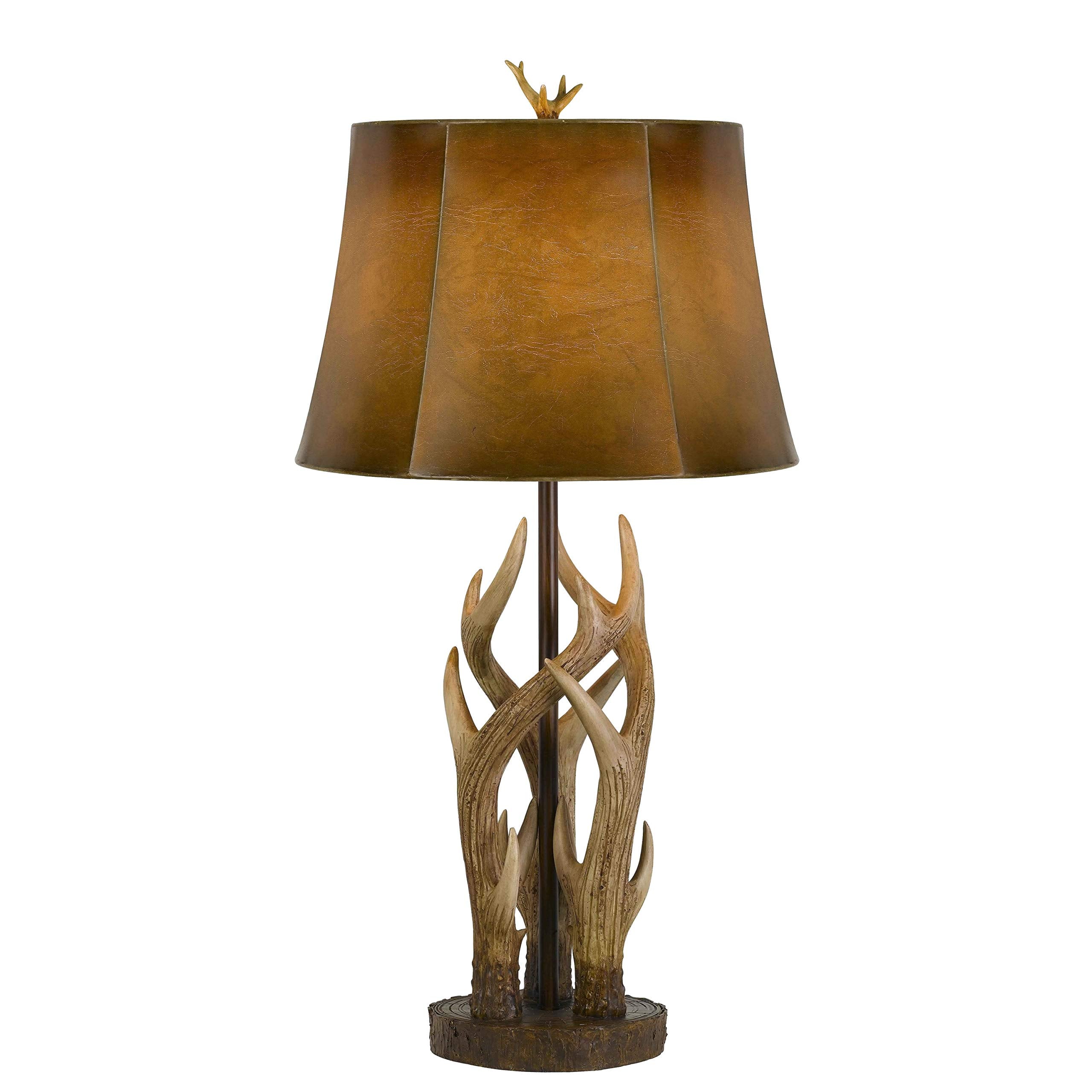 Benjara 150 Watt Leatherette Shade Table Lamp With Antler Polyresin Base, Brown
