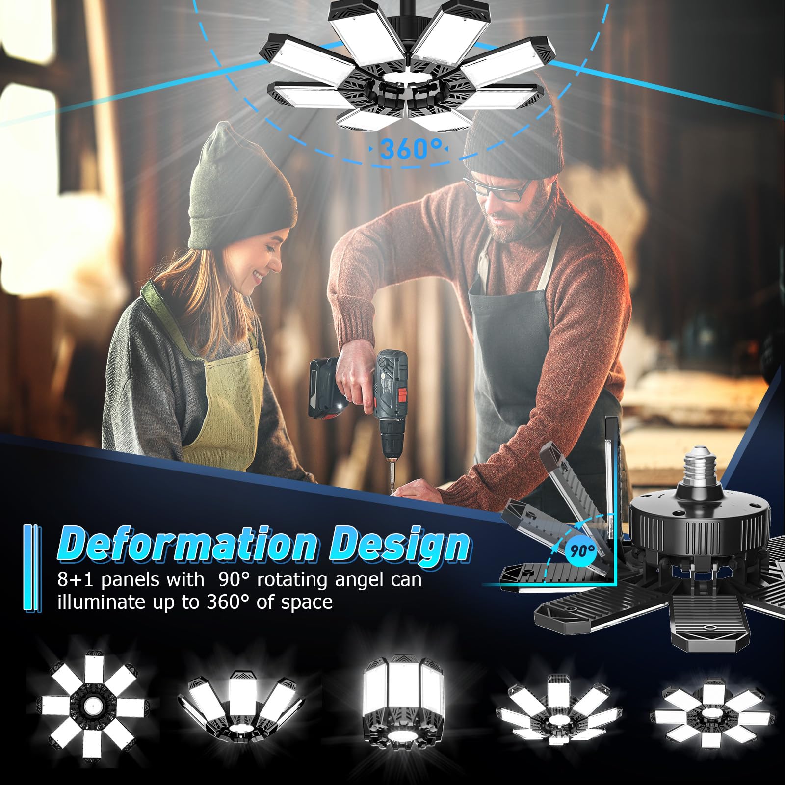 Iskydraw Led Garage Lights, 4 Pack Garage Lighting 260W 26000Lm Bright Shop Lights Screw Into E26 E27 Bulb Socket, 6500K Deforma