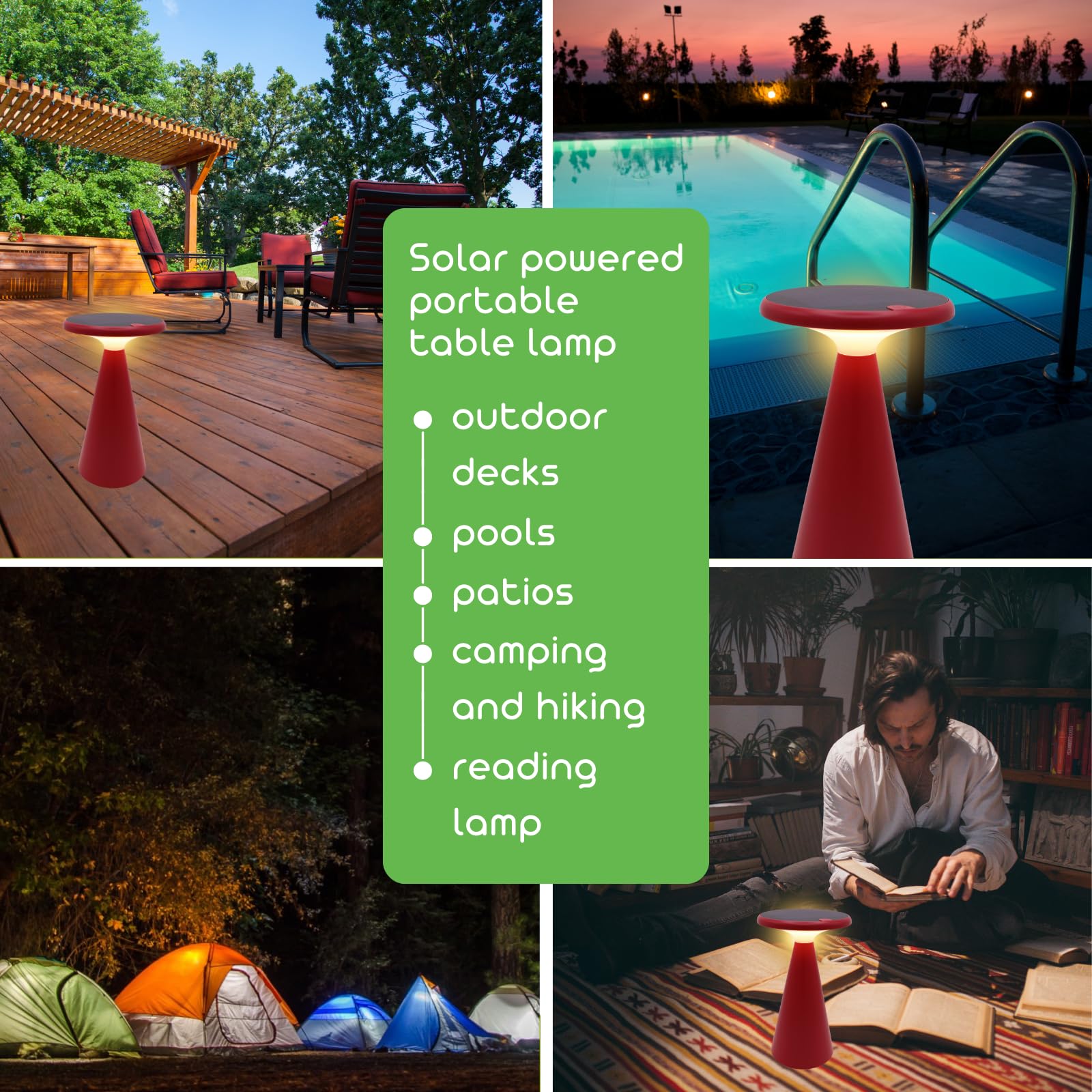 VerLuce Portable Solar LED Table Lamp - 1.6W, 160 Lumens, 2700K, Stepless Dimming, IP44 Weather Resistant, Red, Model VER-SL