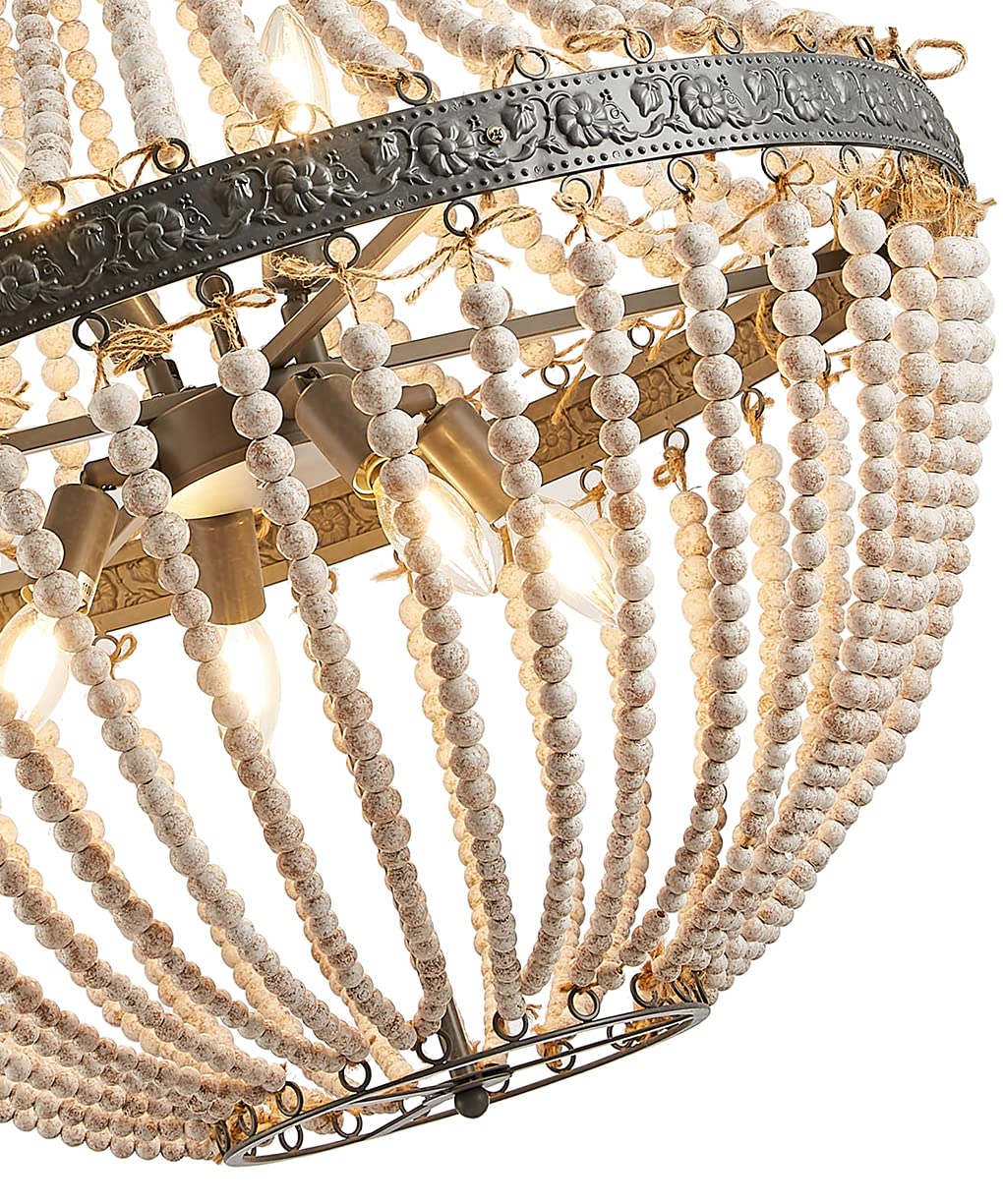 Large Boho Wood Beaded Chandelier - 25.5 Inch Draped Bead Rustic Farmhouse Ceiling Light Fixture for Dinning Room, Bedroom, Livi