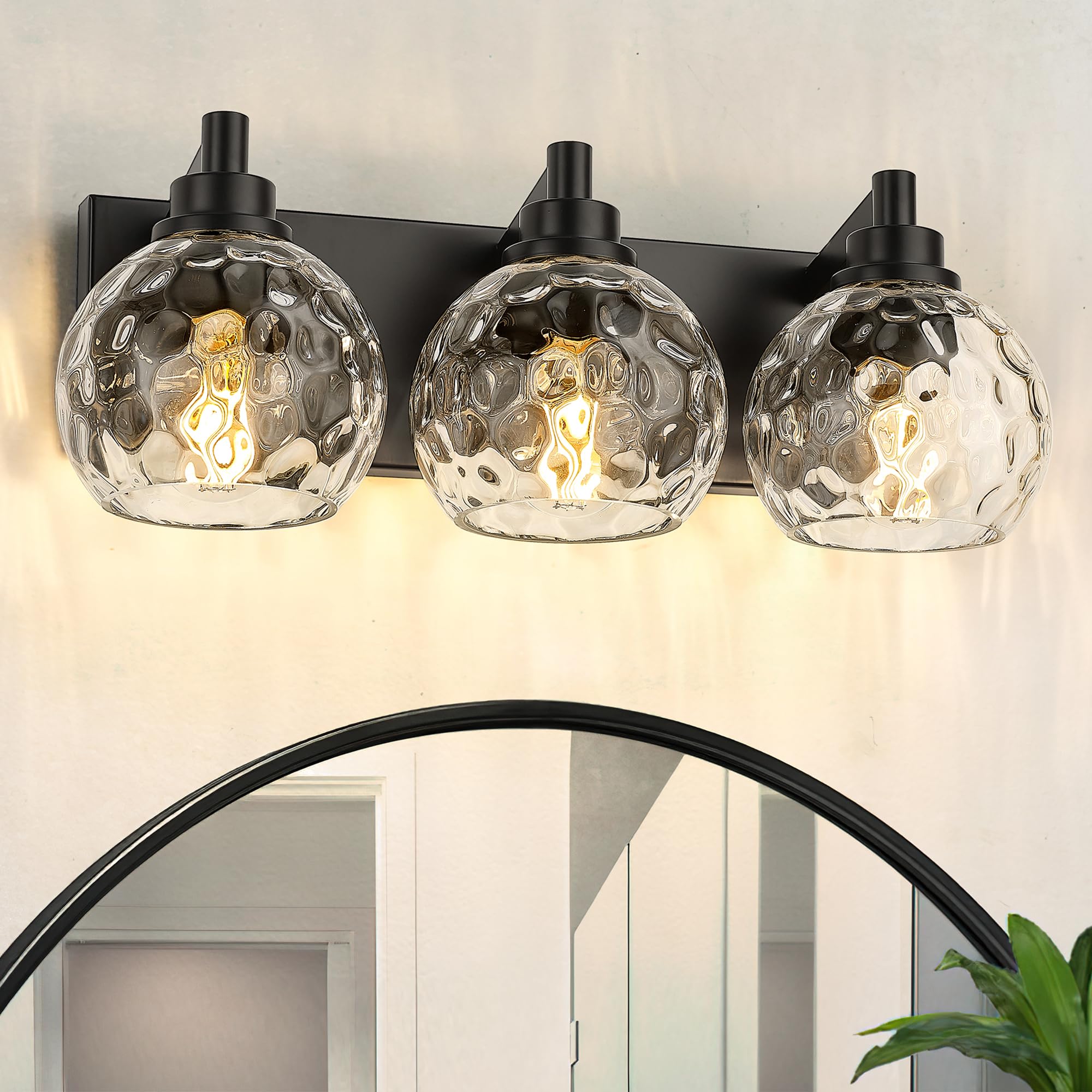 Metwet Bathroom Light Fixtures Over Mirror  3-Light Matte Black Vanity Light With Clear Hammered Glass Globe Shade  Modern Sconces Wall Lighting For Bedroom Hallway  Vl200-Mb-3