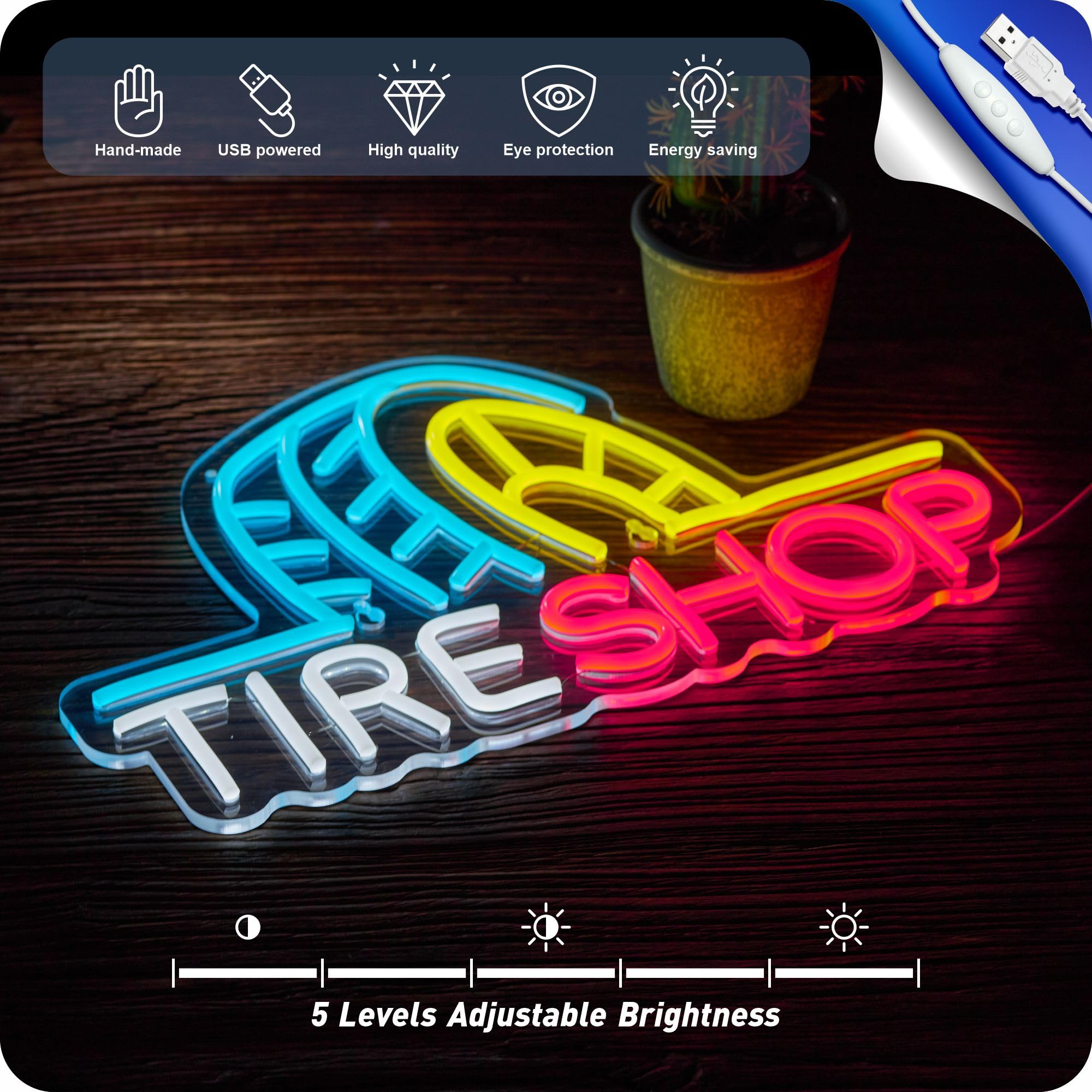 IMTATTO Tire Shop Neon Sign - LED Wall Light, Dimmable, USB Powered, 16.5x11 inches, Blue/Yellow/Red - Garage Decor for Auto Supplies