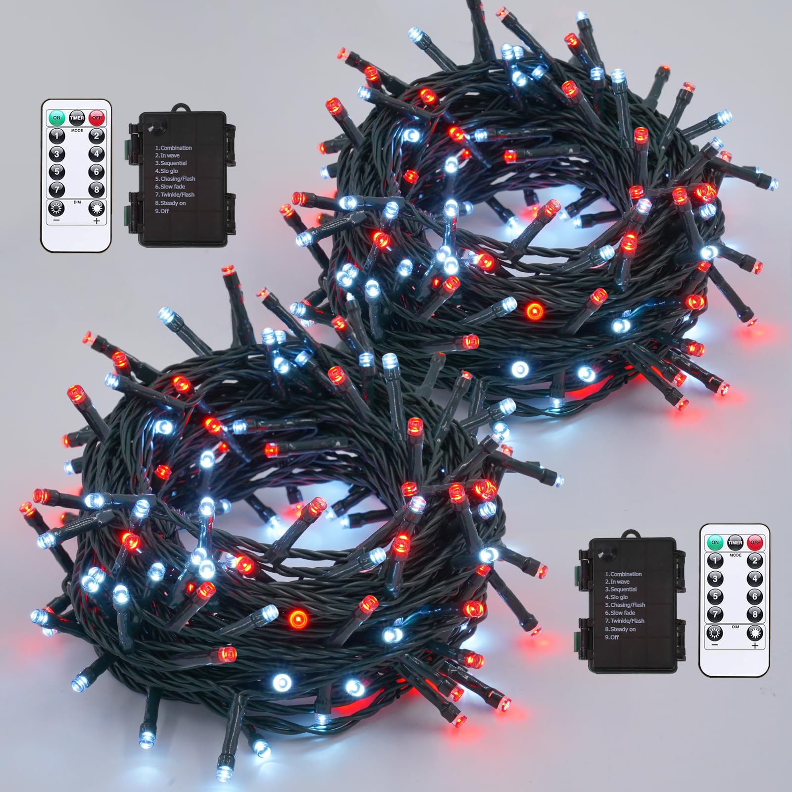 YEGUO Christmas Lights Battery Operated, 2 Pack Each 33ft 100 LED Red and White String Lights Outdoor Waterproof, 8 Modes Green 
