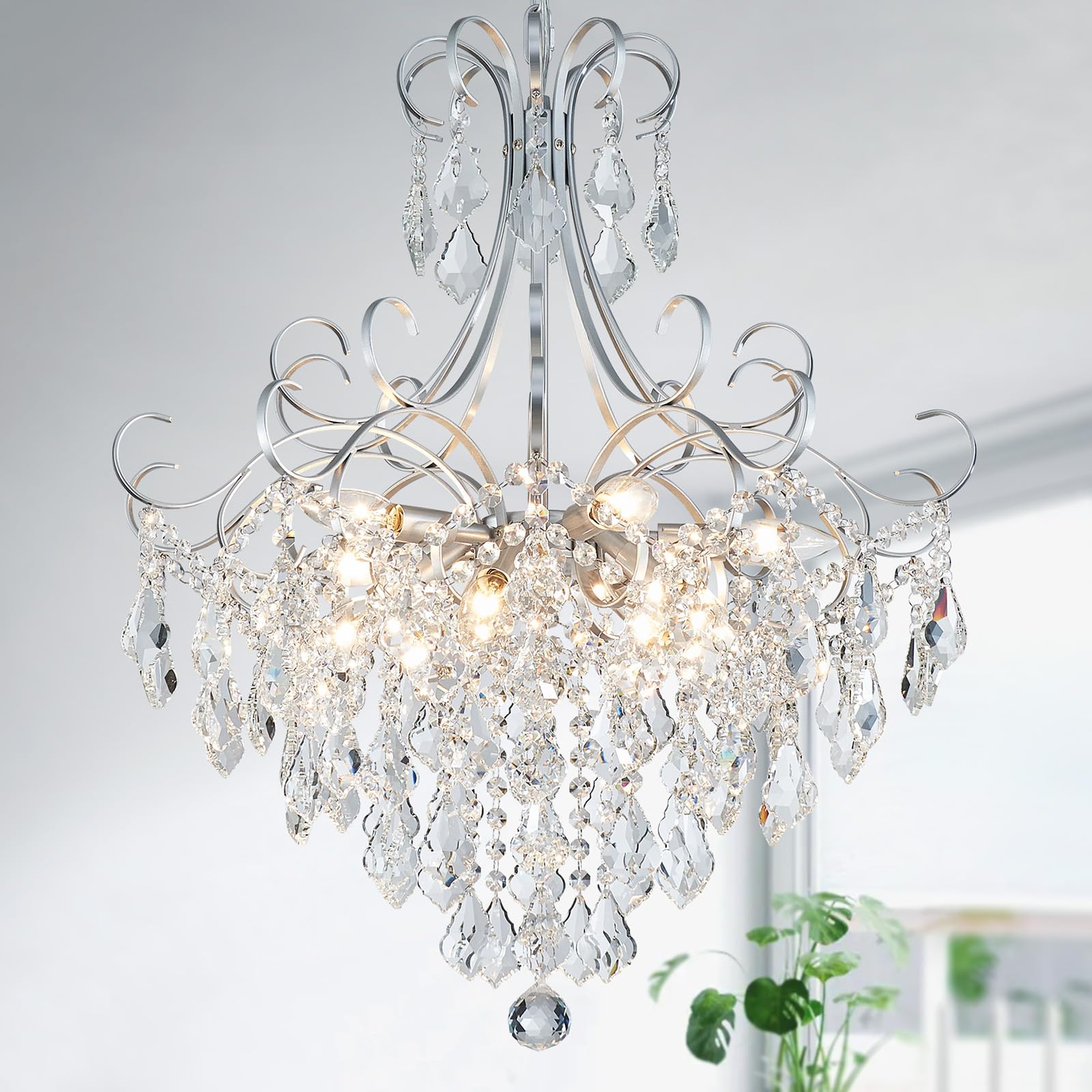 WUZUPS Crystal Chandelier Pendant Light 10-Light E12 Base 27.6inH x 22.8inW Silver, Model USHD30502S
