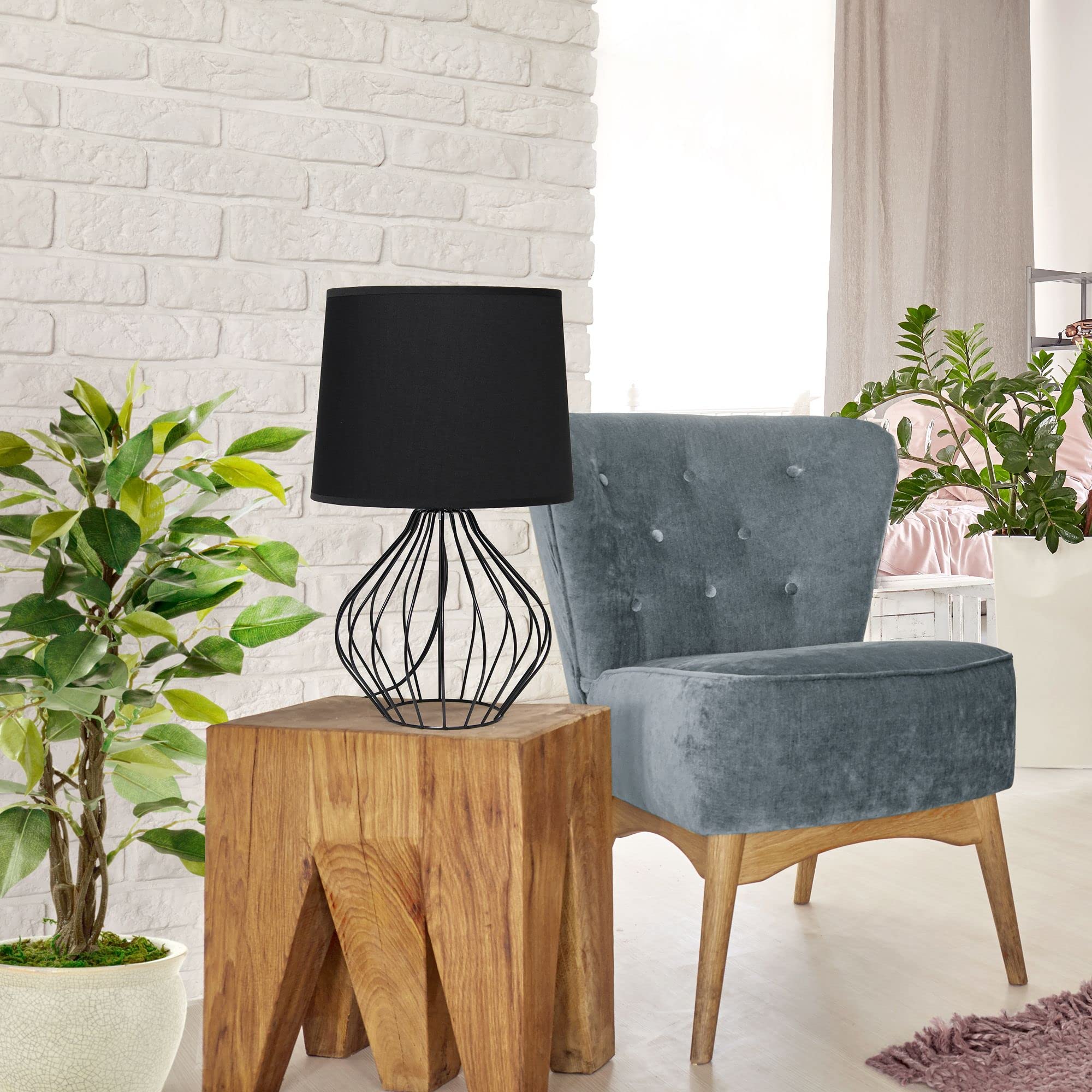 Simple Designs Bedside Table Lamp, Geometrically Wired, Iron, 12.25inL x 12.25inW x 19.75inH, Black Base and Shade, Model LT2086