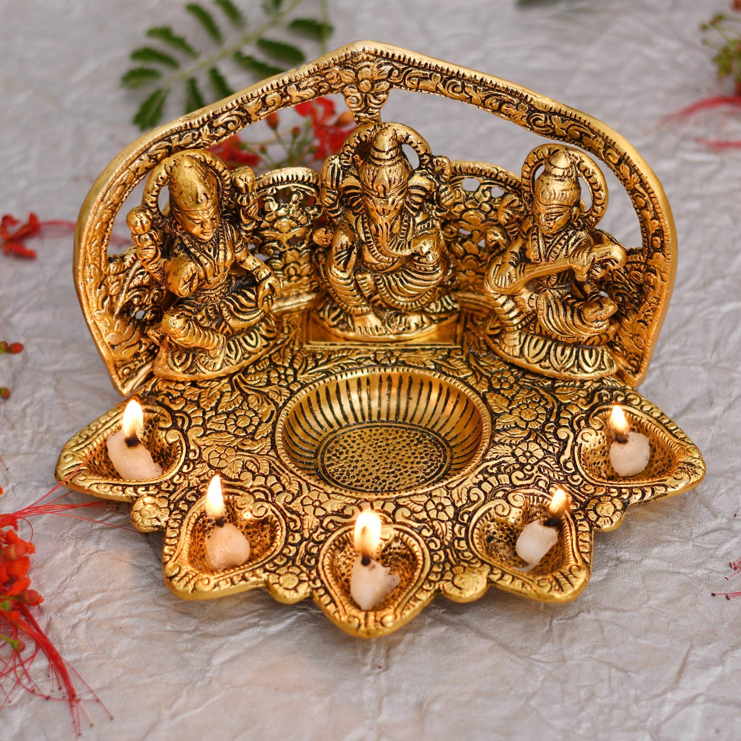 NOBILITY Lakshmi Ganesh Saraswati Statue with Diya Oil Deepak Metal Laxmi Ganesha Idol Showpiece Deepam Traditional Diya for Diw