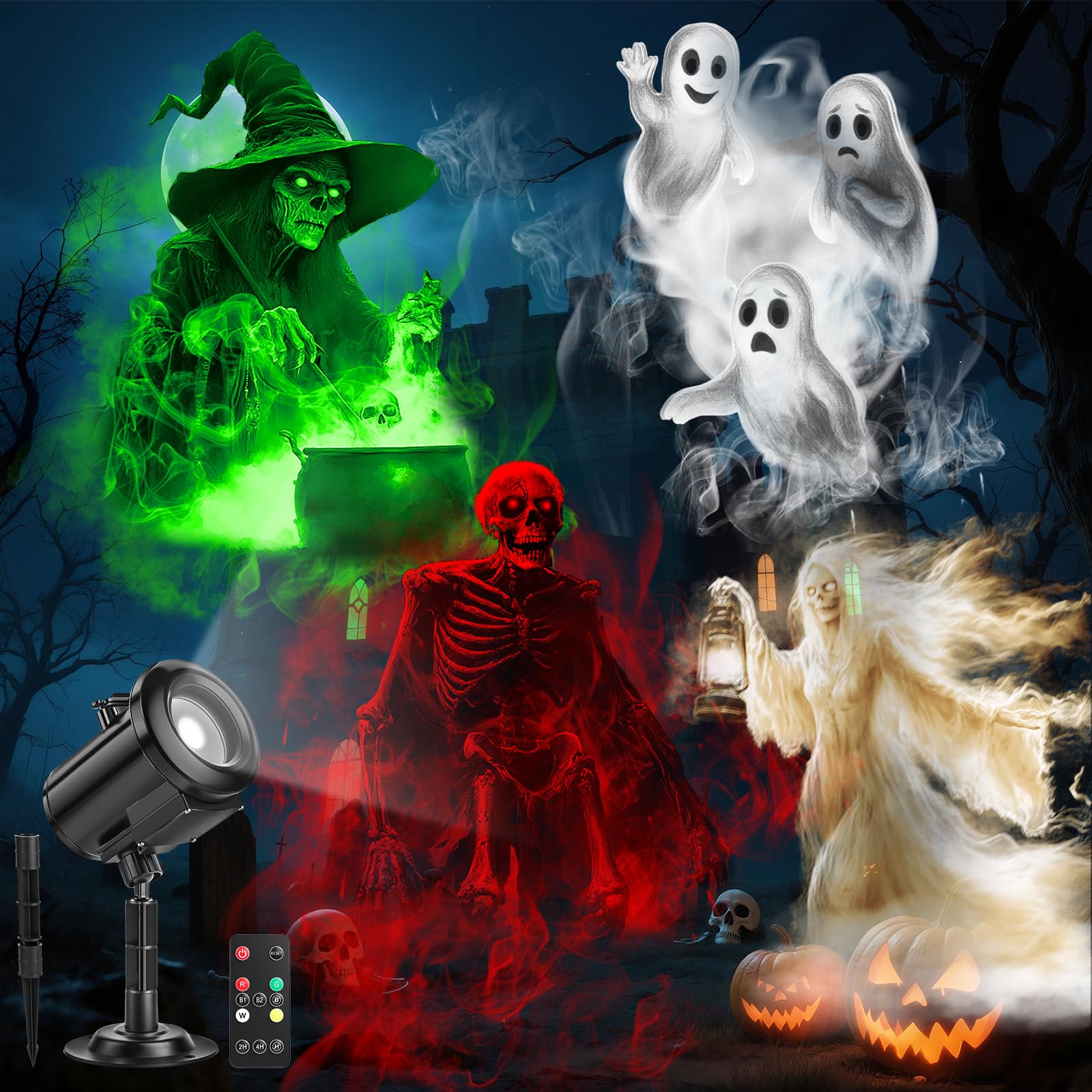 HoneyFair 12 in 1 Halloween Ghost Projector Light, 3D Dynamic, Waterproof, Black, Model SE368