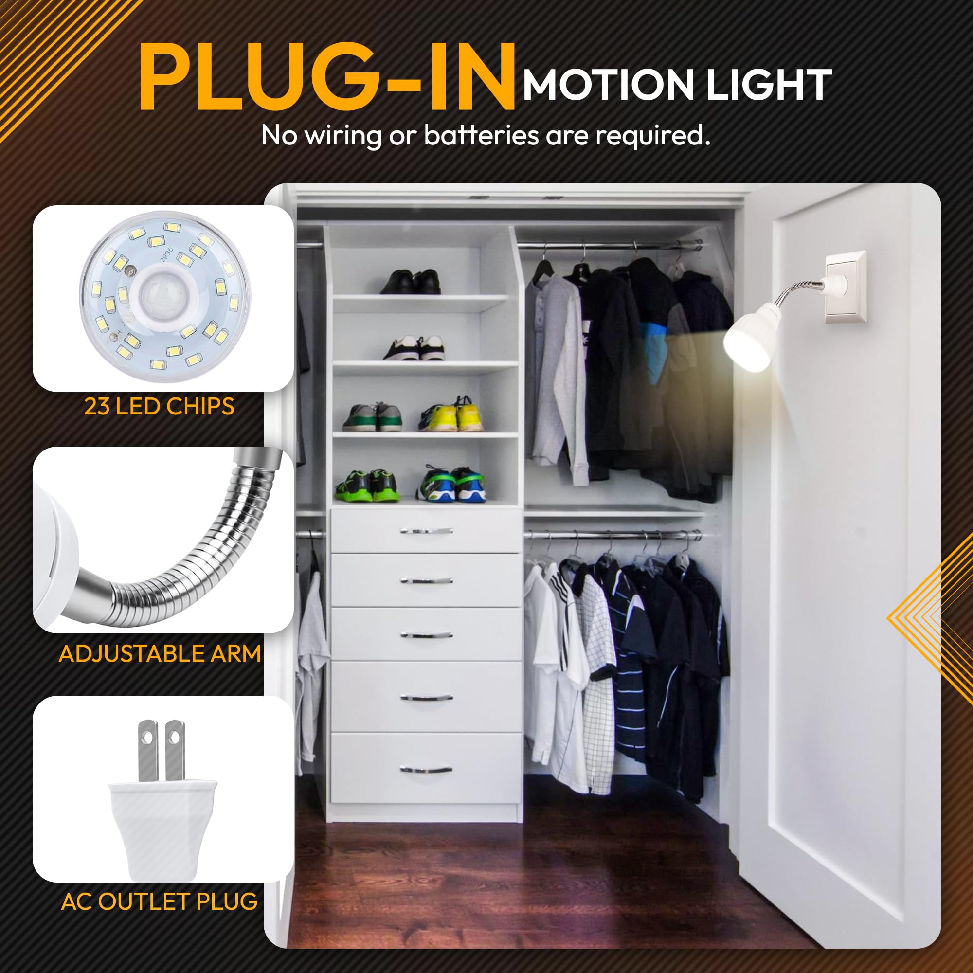 Shopn5 Led Motion-Activated Directional Rotating Flexible Sensor Dusk To Dawn Night Light Ac Outlet Plug-In Wall Stair Lamp Indoor 360° Bedroom Hallway Stairway Garage Basement Corridor