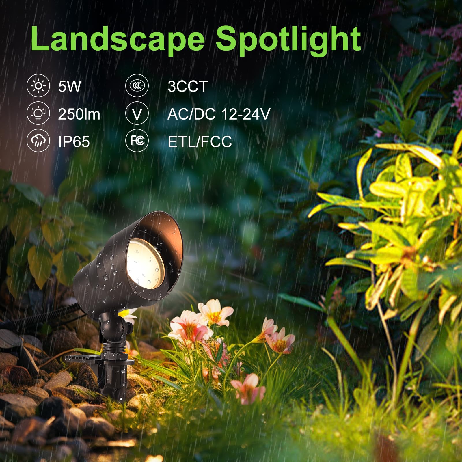Glitgate 3Cct Landscape Spotlight Low Voltage, 5W 12-24V Cri90+ Led Landscape Lights 3000K 4000K 5000K Selectable, Ip65 Waterpro