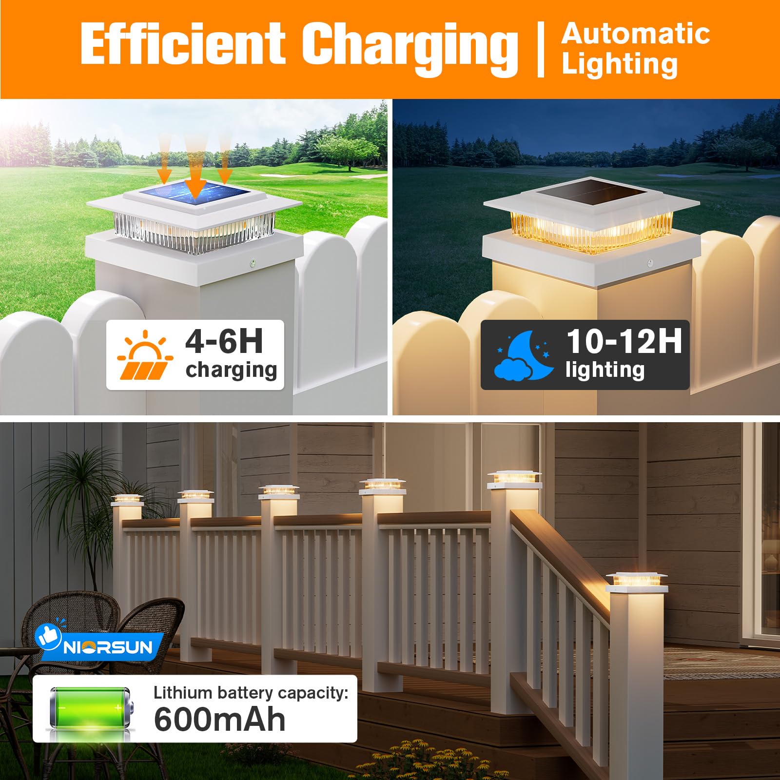 NIORSUN Solar Post Cap Lights, Waterproof RGB Color Changing, 6 Pack, 4x4 & 5x5 Vinyl, White, Model M013RGB-N