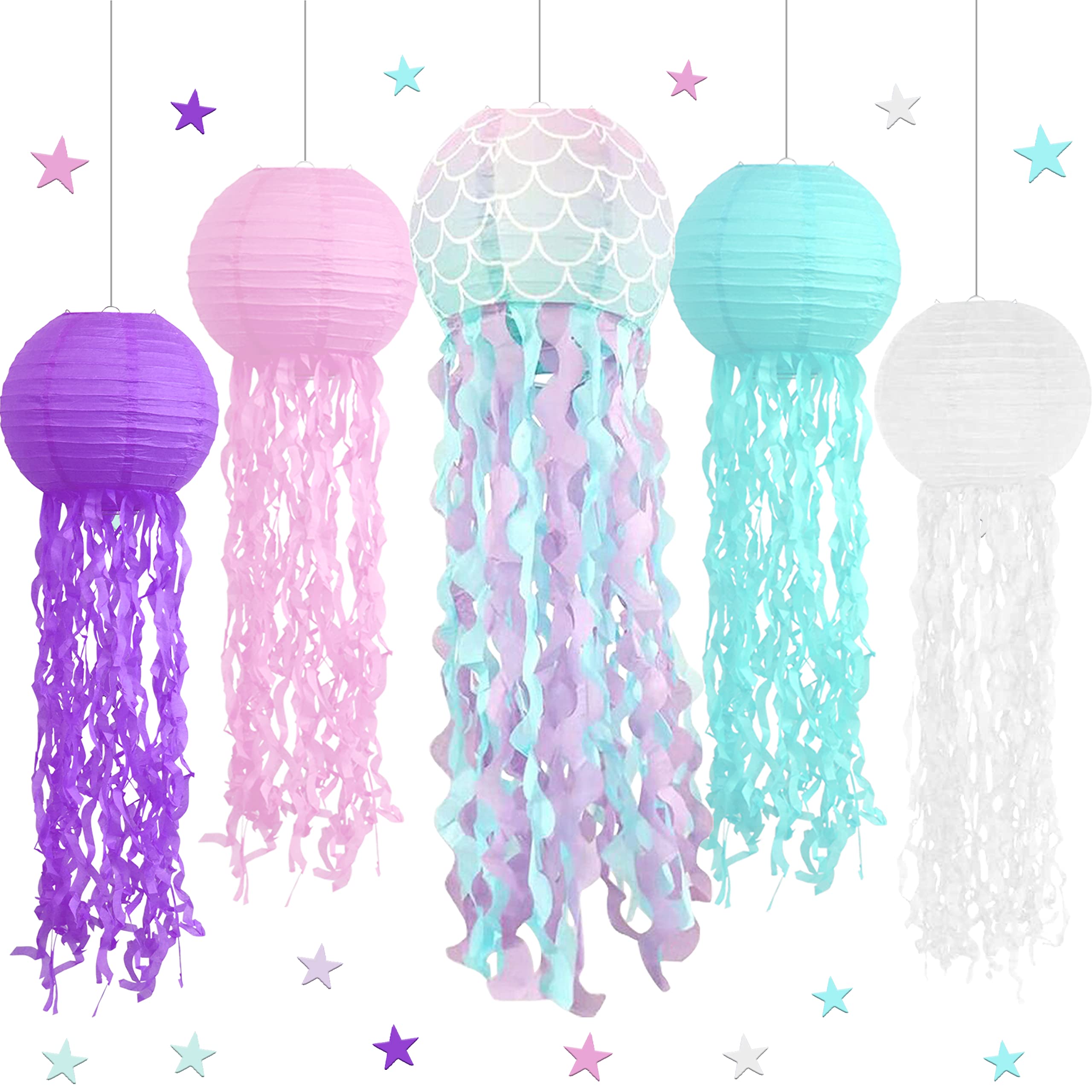 Adlkgg Hanging Jelly Fish Paper Lanterns, Pink Purple Blue White Paper Lanterns For Mermaid Theme Party Under The Sea Ocean Birt
