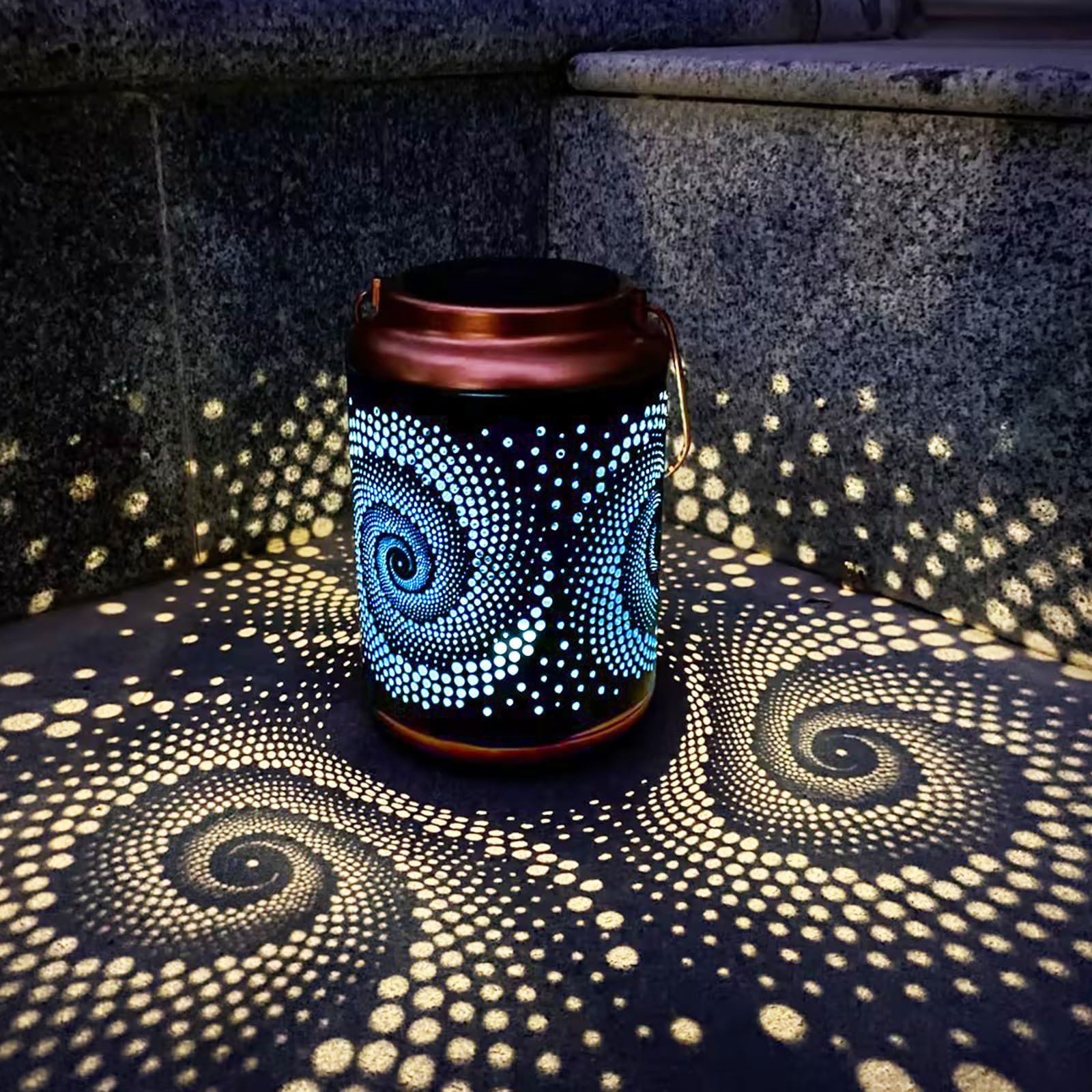YISITEONE Mosaic Solar Lantern - Outdoor Waterproof Blue Metal Table Light, Model LT01, Turkish Moroccan Design for Garden & Patio Decor