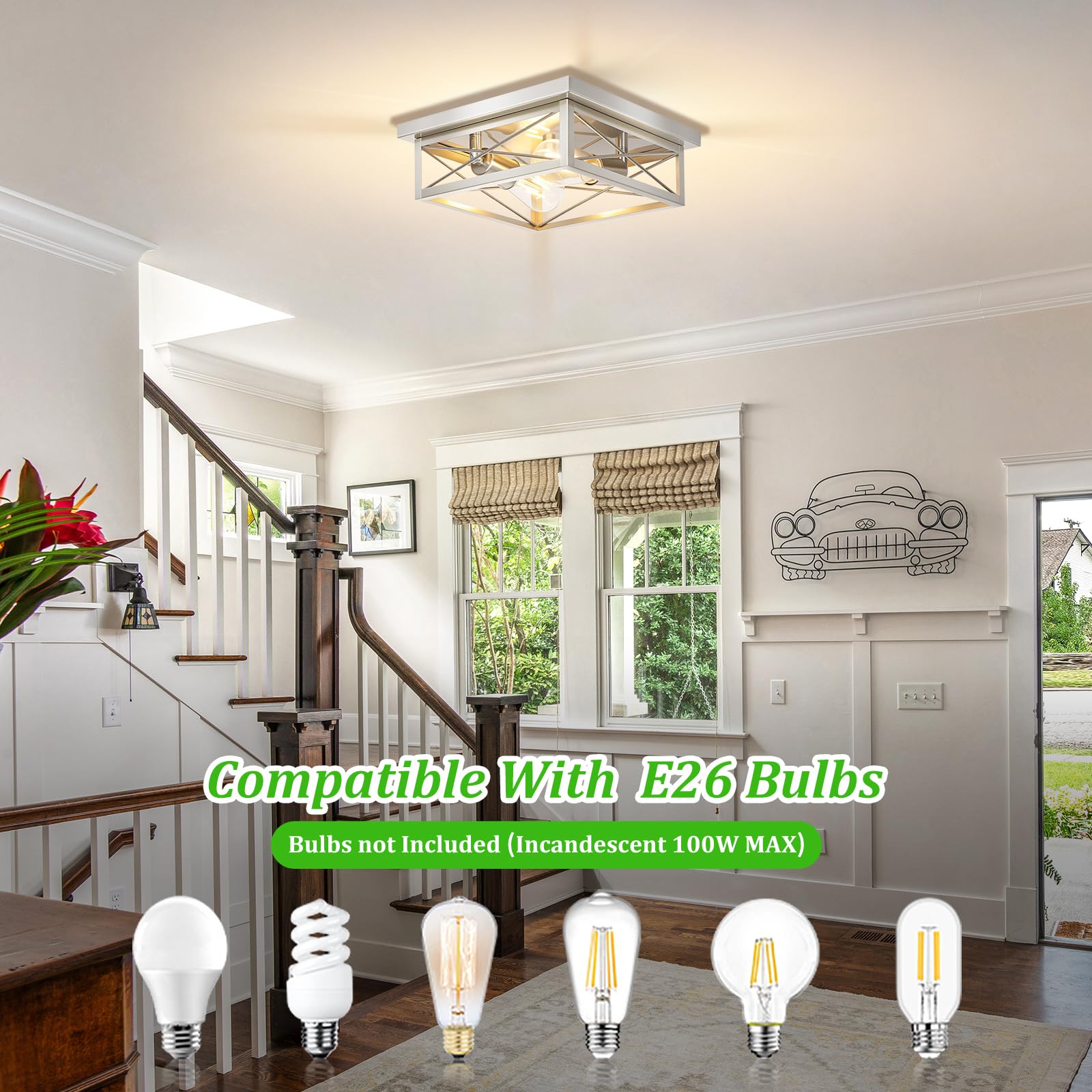 Kondras Brushed Nickel 2-Light Flush Mount Ceiling Lights, Metal, 2-Pack, Square Design for Bedroom, Living Room, Entryway